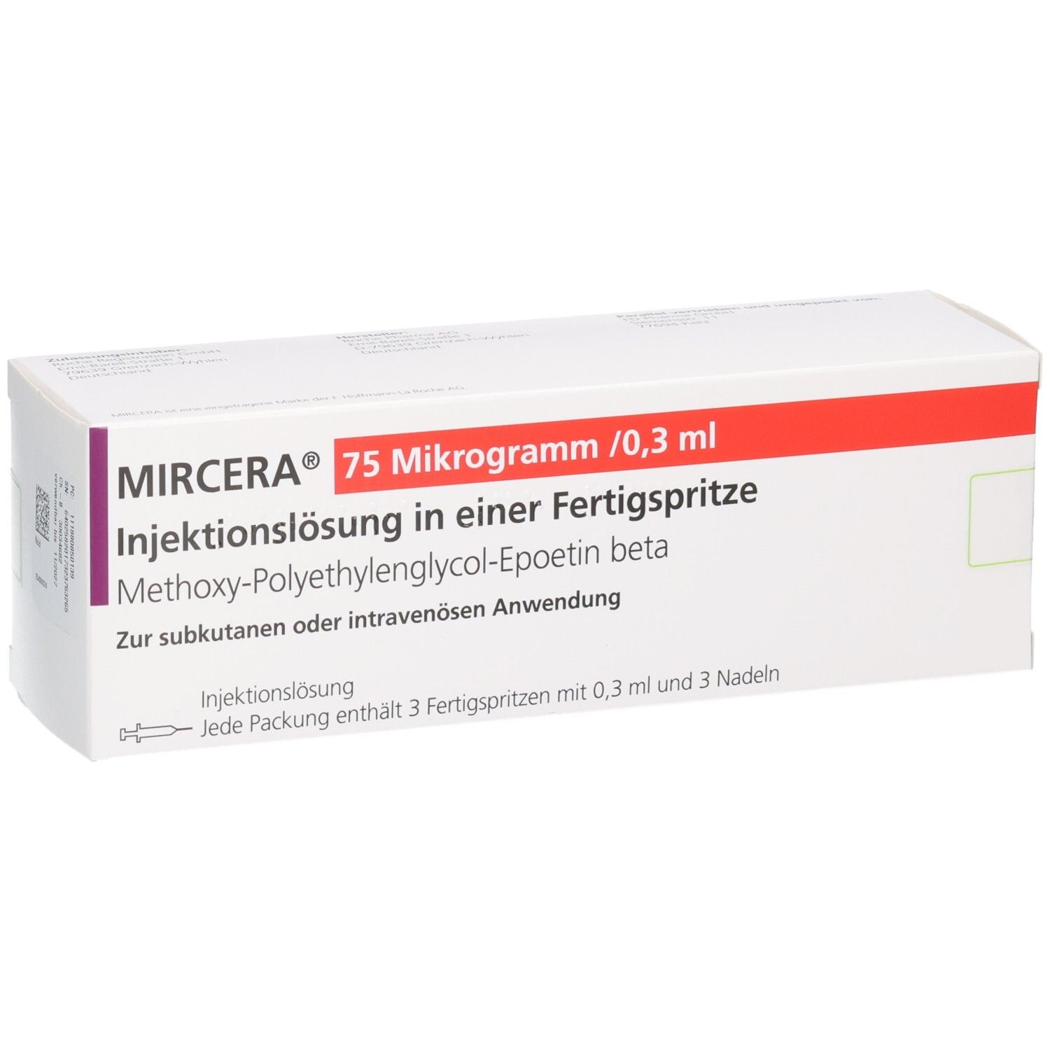 Mircera 75 Mikrogramm/0,3 ml Injektionslösung in Fertigspritze. Vorderansicht der Verpackung.
