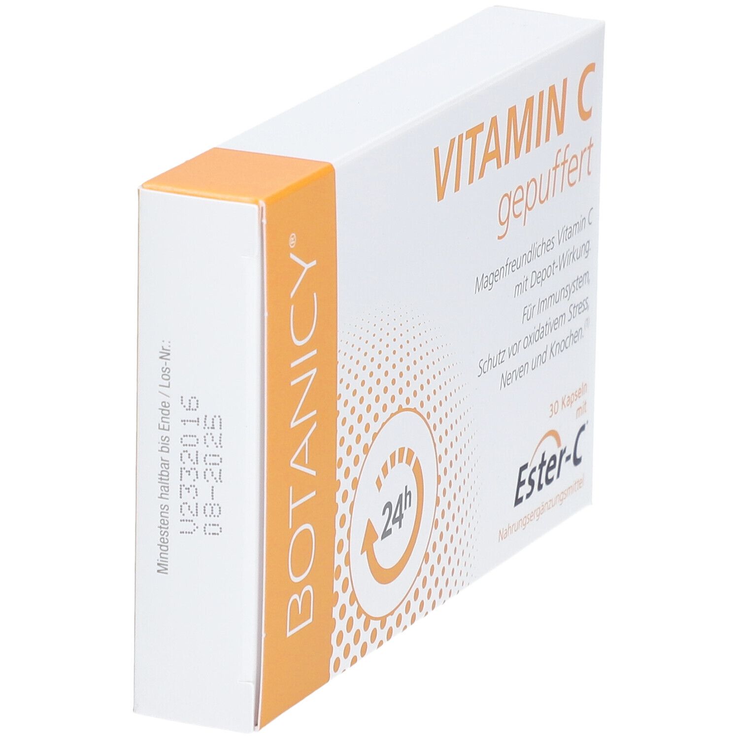 BOTANICY® Vitamin C gepuffert-Packung. 30 Kapseln. Seitenansicht. Orange-weißes Design.