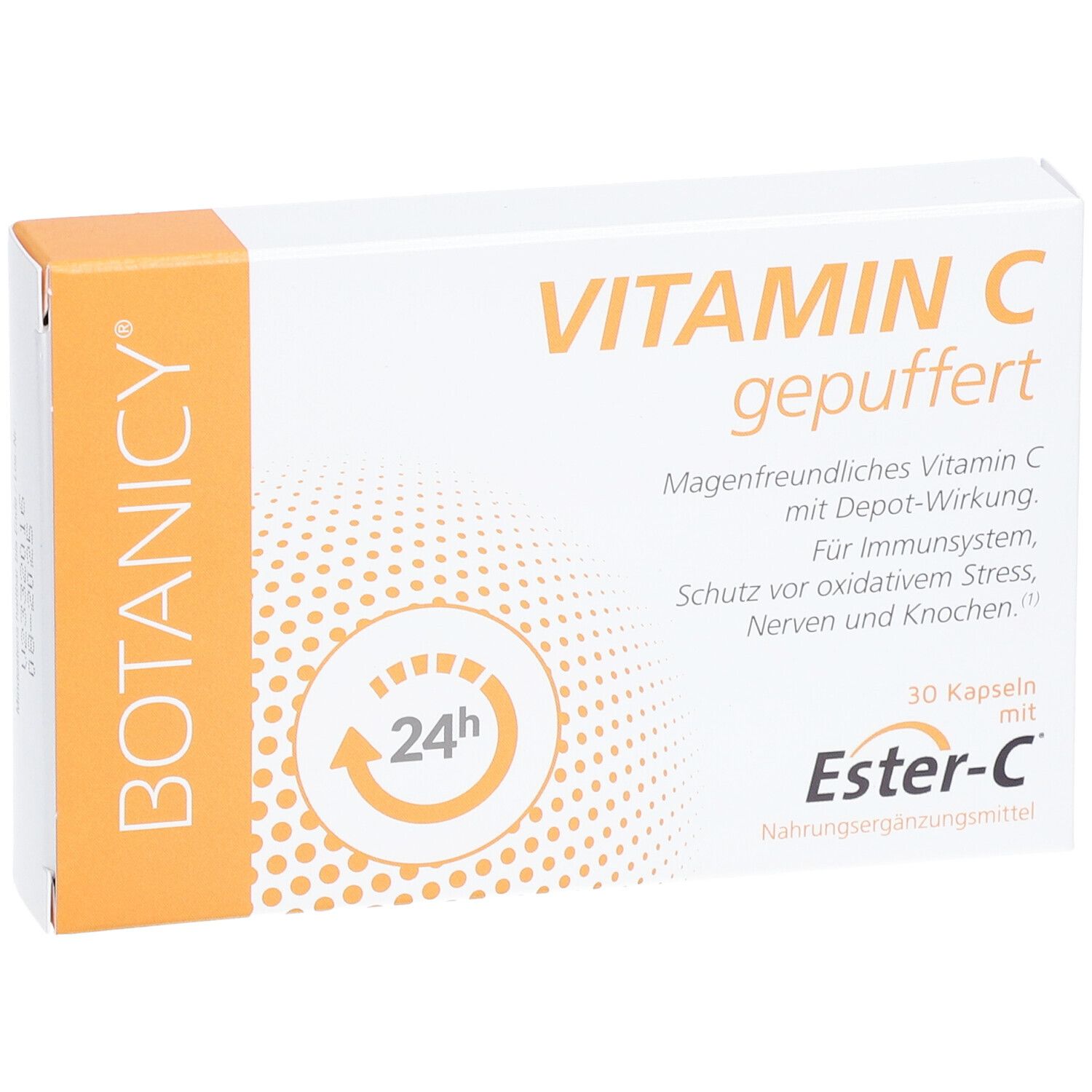 BOTANICY® Vitamin C gepuffert-Packung. 30 Kapseln. Mit Ester-C. Orange-weißes Design.