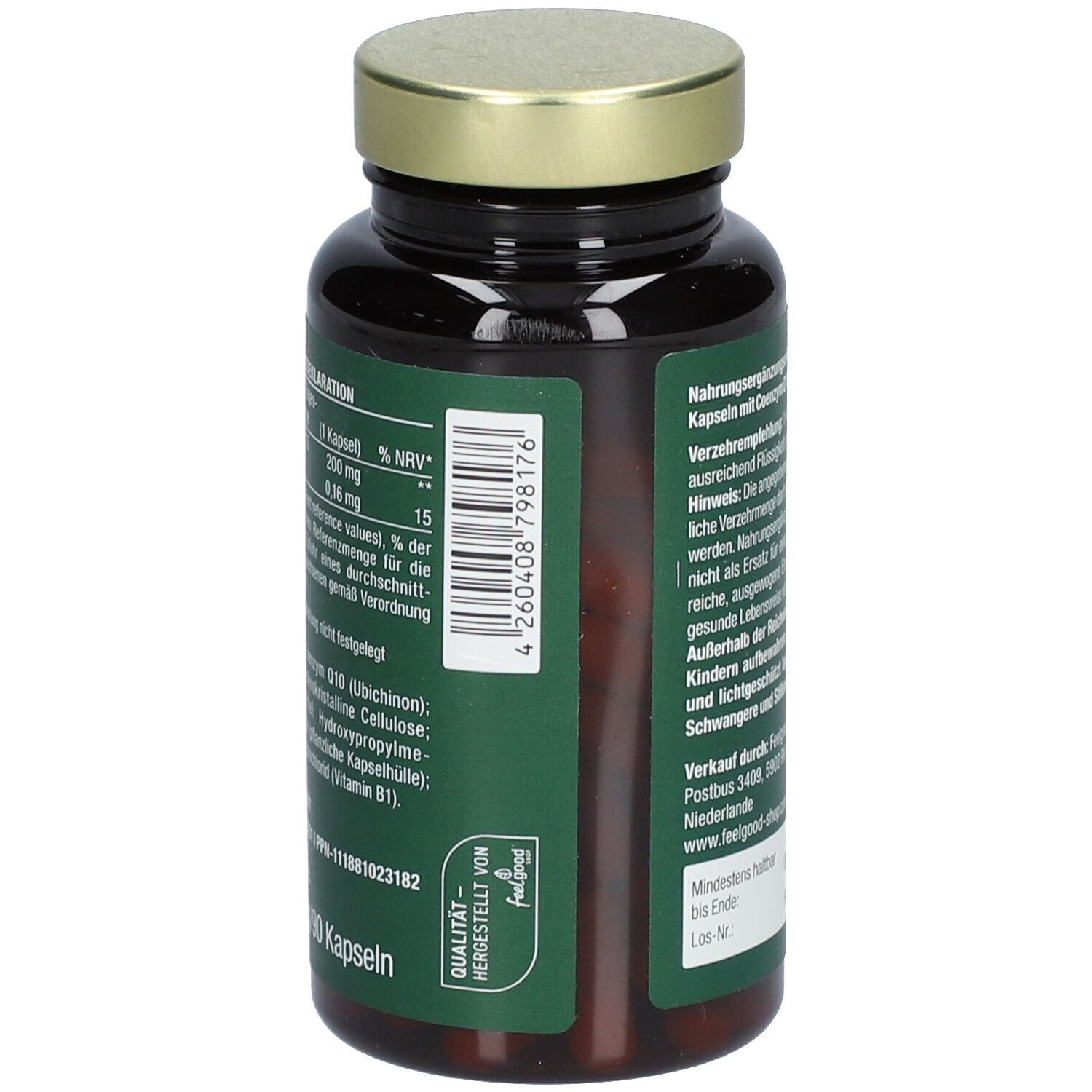 Braune Glasflasche mit goldfarbenem Deckel. Auf dem grünen Etikett steht "vitactiv Vegan Coenzym Q10 Ubichinon".