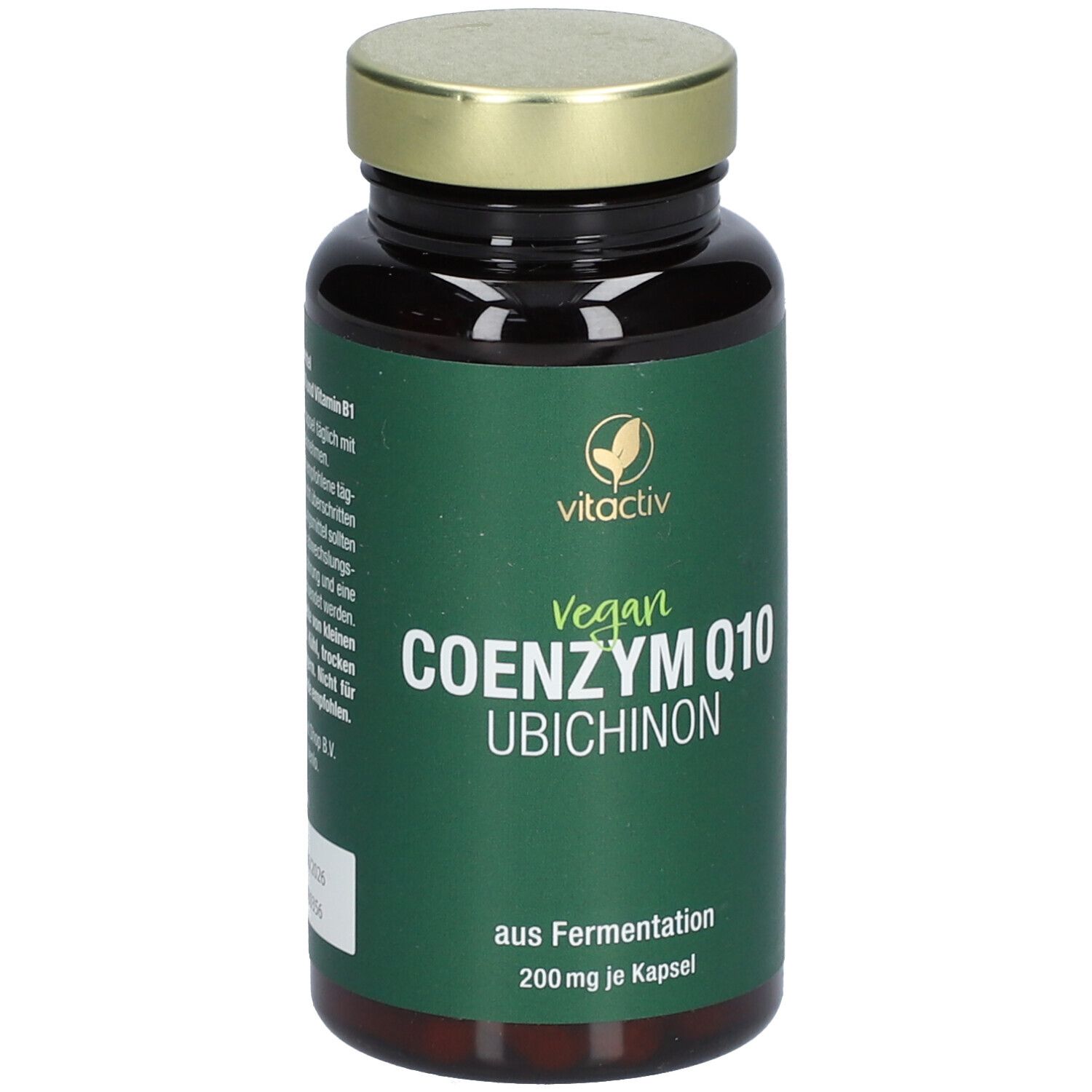 Braune Glasflasche mit goldfarbenem Deckel. Auf dem grünen Etikett steht "vitactiv Vegan Coenzym Q10 Ubichinon".