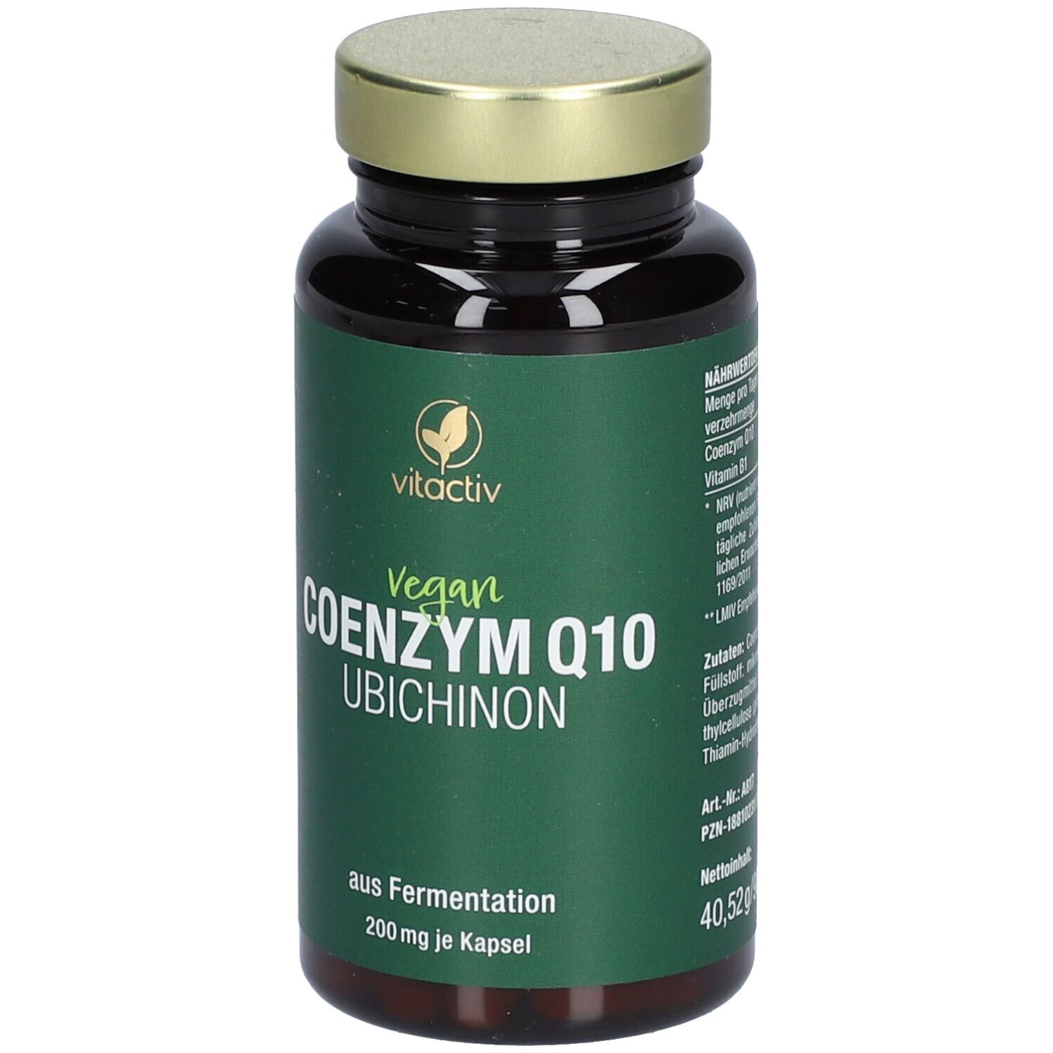 Braune Glasflasche mit goldfarbenem Deckel. Auf dem grünen Etikett steht "vitactiv Vegan Coenzym Q10 Ubichinon".