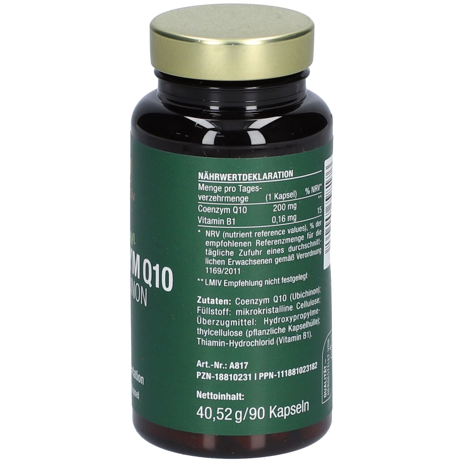 Braune Glasflasche mit goldfarbenem Deckel. Auf dem grünen Etikett steht "vitactiv Vegan Coenzym Q10 Ubichinon".