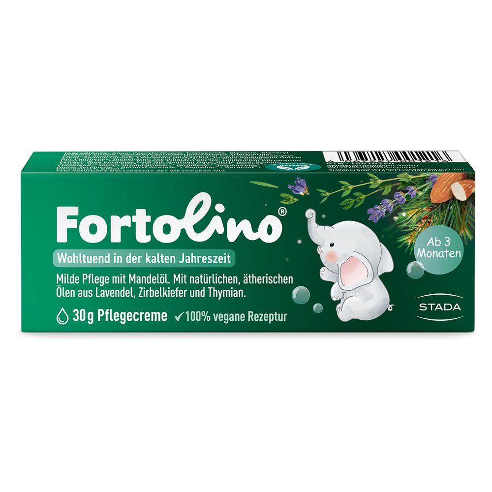 Grüne Faltschachtel mit Produktnamen und Logo. Enthält Pflegecreme für Babys ab 3 Monaten.