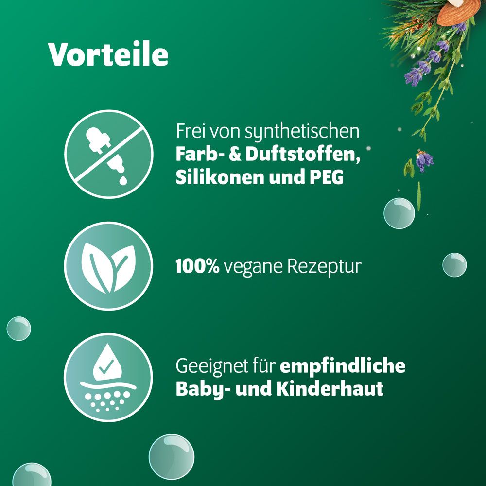 Grafik mit Vorteilen des Produkts. Frei von Inhaltsstoffen, vegan, für Babyhaut geeignet.