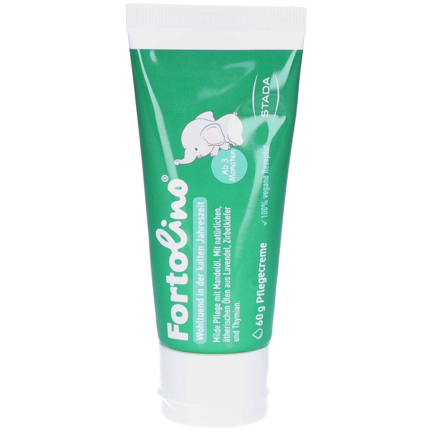 Grüne Tube mit weißem Deckel. Aufschrift: Fortolino, Pflegecreme, 40g. Logo: Elefant. Text: Ab 3 Monaten.