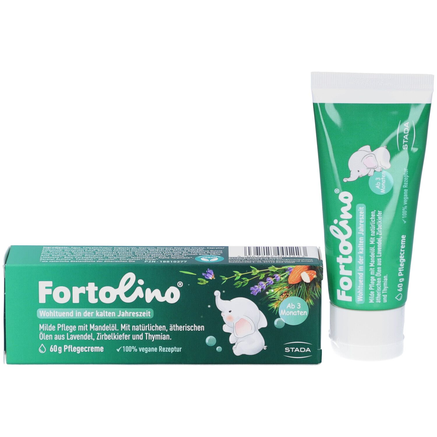 Grüne Schachtel und Tube. Aufschrift: Fortolino, Pflegecreme. Logo: Elefant. Text: Ab 3 Monaten. 100% vegan.