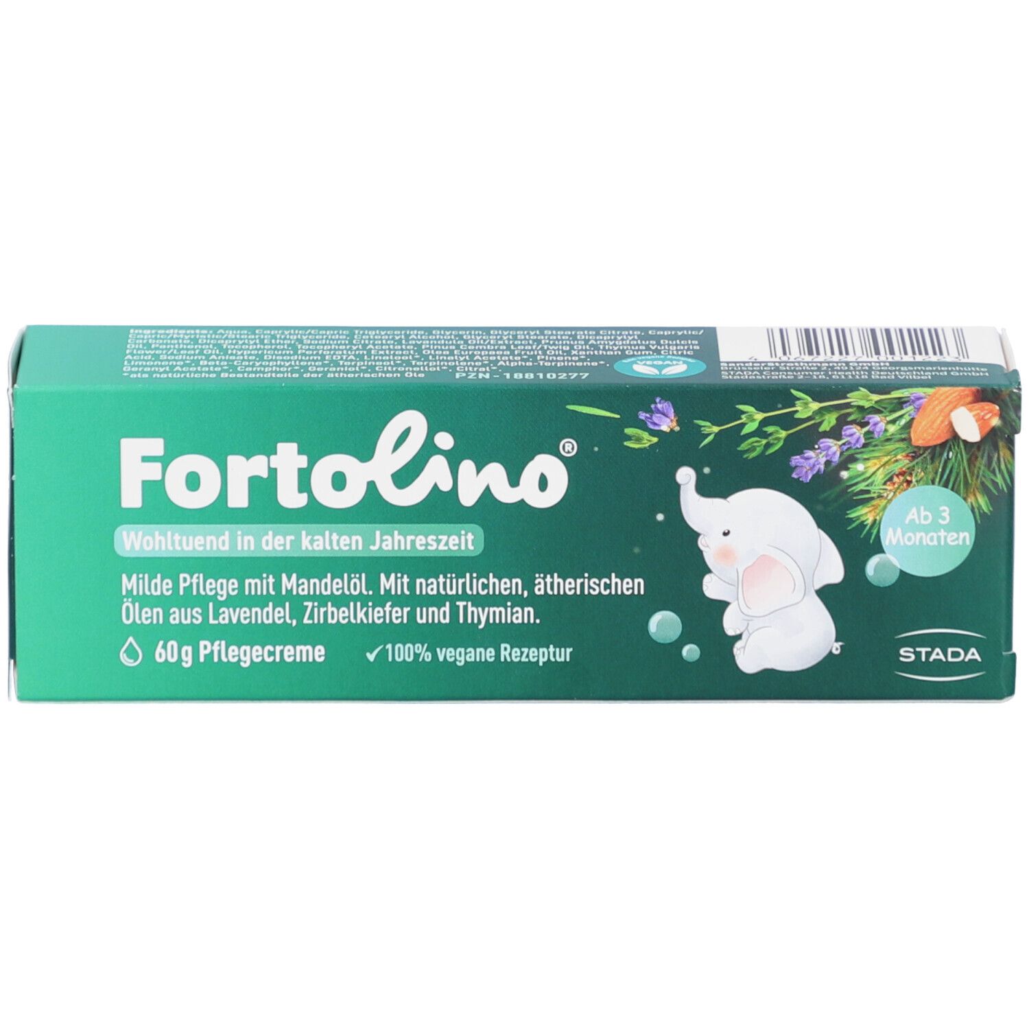 Grüne Schachtel. Aufschrift: Fortolino, Pflegecreme, 60g. Logo: Elefant. Text: Ab 3 Monaten. 100% vegan.