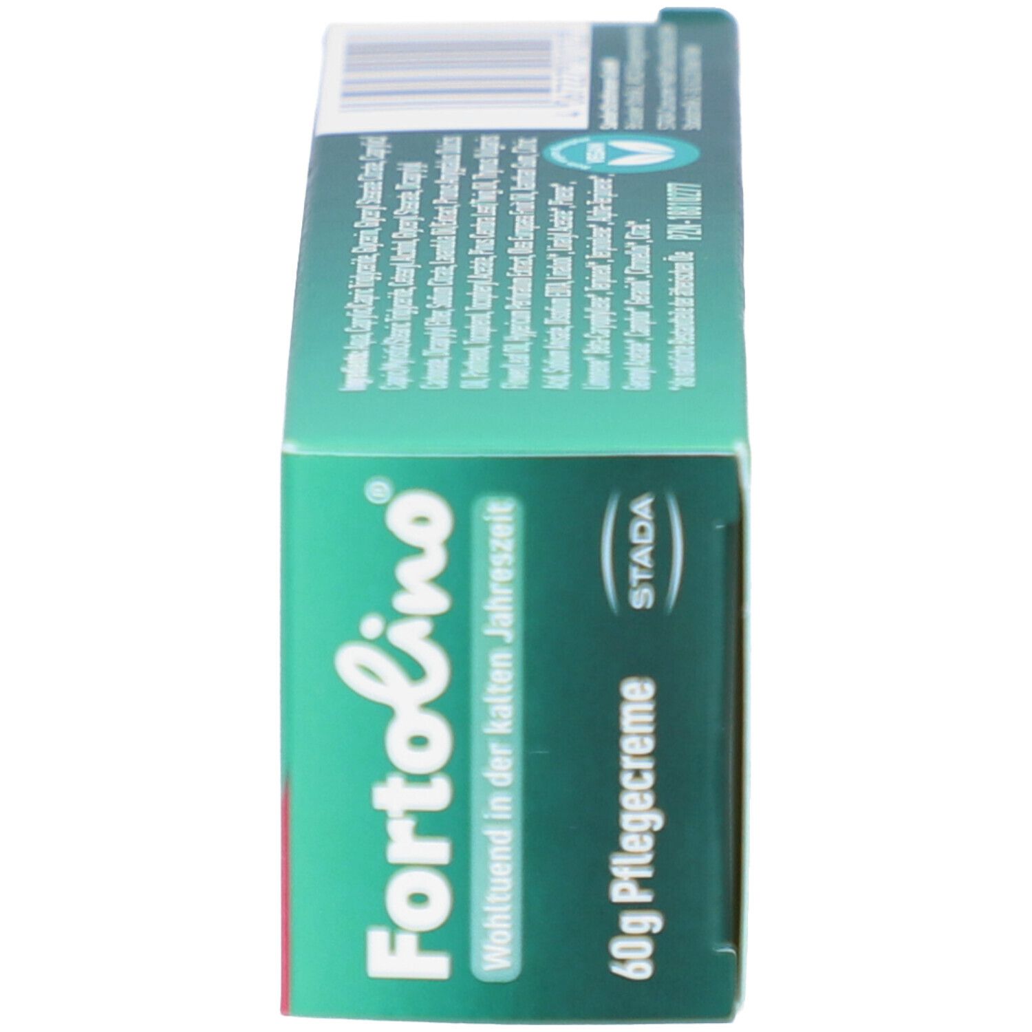 Seitenansicht der grünen Schachtel. Aufschrift: Fortolino, Pflegecreme, 60g. Text und Logo.