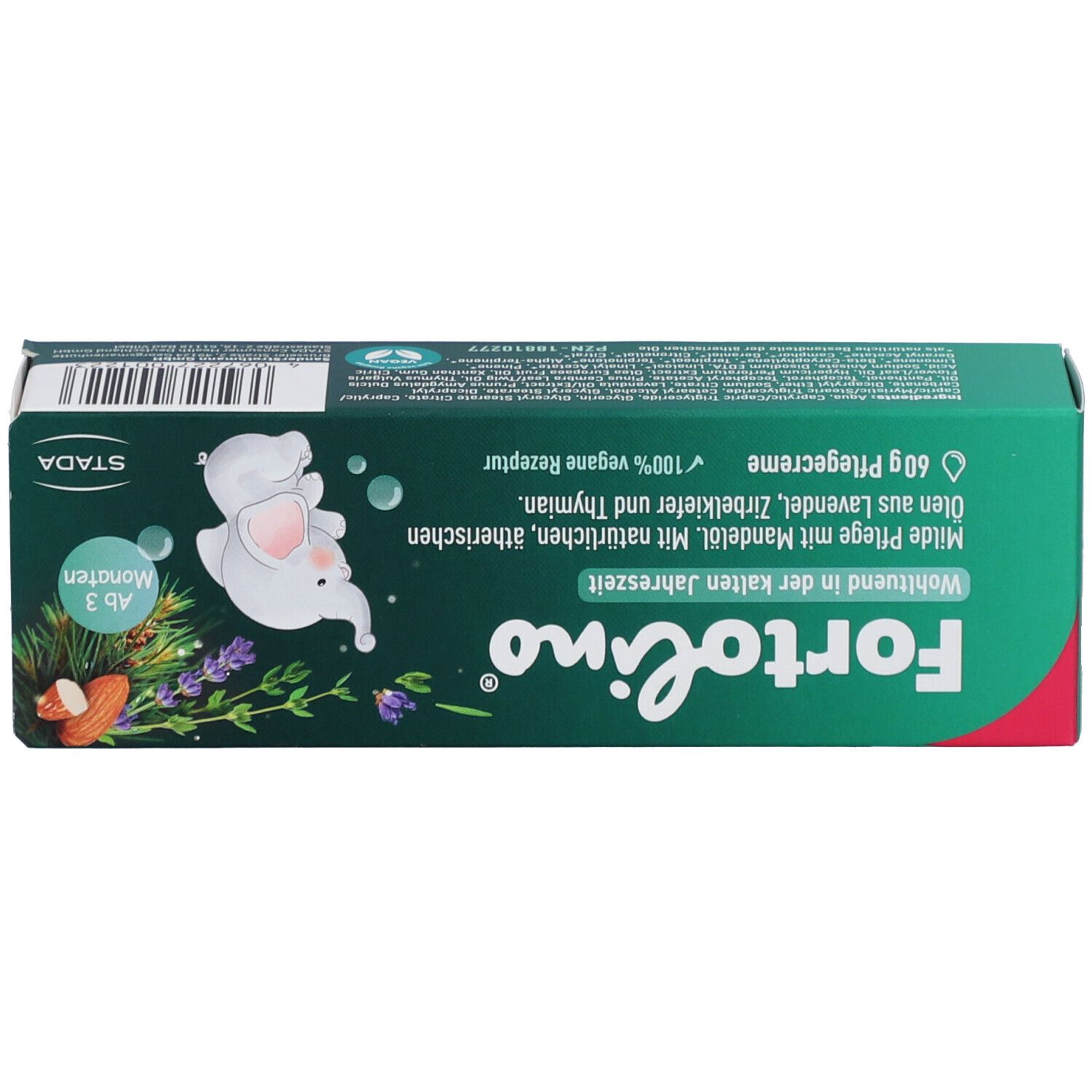 Grüne Schachtel. Aufschrift: Fortolino, Pflegecreme, 60g. Logo: Elefant. Text: Ab 3 Monaten. 100% vegan.