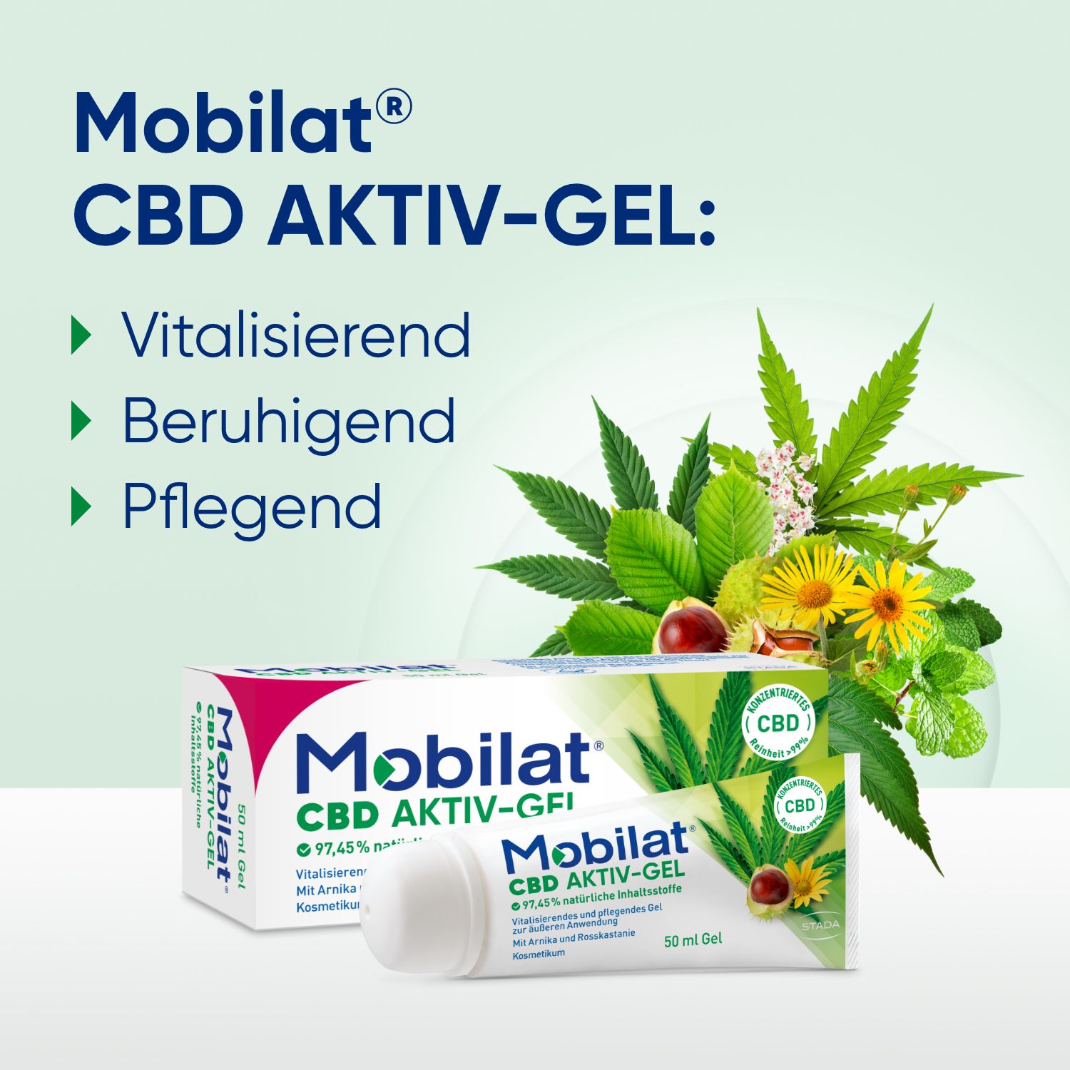 Mobilat® CBD Aktiv-Gel: Vitalisierendes und pflegendes Gel zur Entspannung beanspruchter Körperpartien. Mit hochkonzentriertem CBD (>99% Reinheit), Arnika-Extrakt und Rosskastanien-Extrakt.