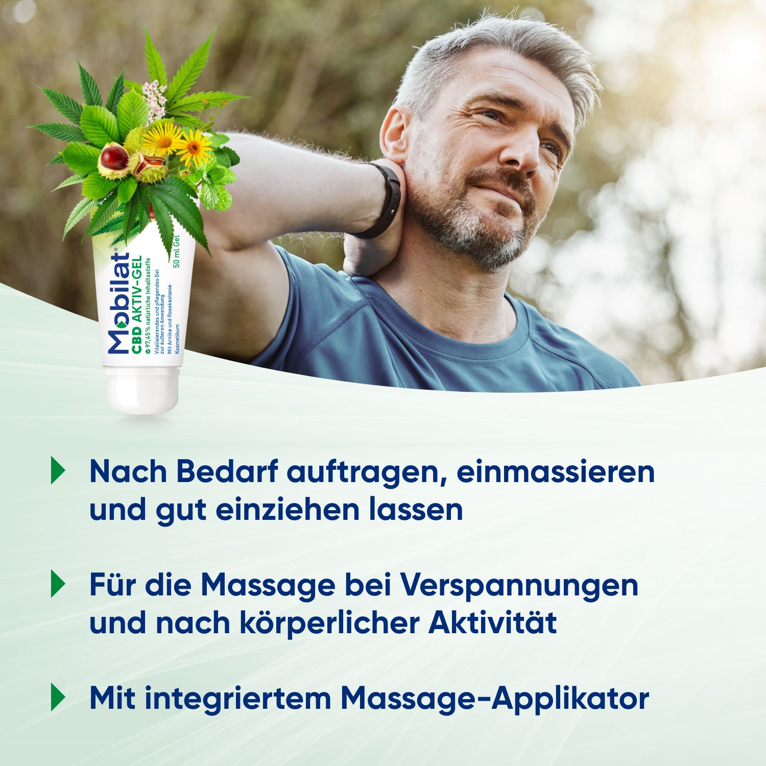 Mobilat® CBD Aktiv-Gel: Vitalisierendes und pflegendes Gel zur Entspannung beanspruchter Körperpartien. Mit hochkonzentriertem CBD (>99% Reinheit), Arnika-Extrakt und Rosskastanien-Extrakt.