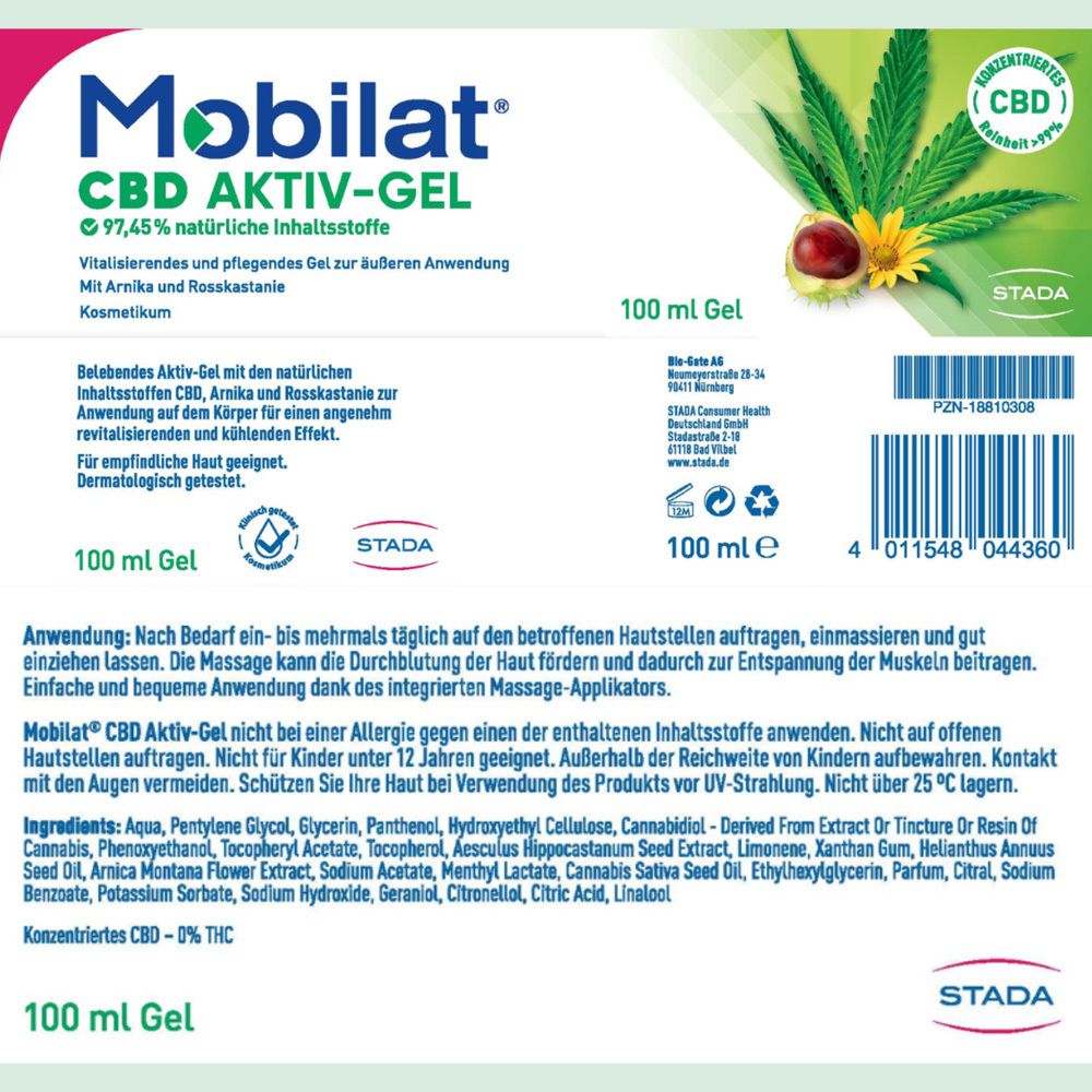 Rückseite der Mobilat CBD Aktiv-Gel Packung. Text: 100 ml Gel. Inhaltsstoffe. STADA Logo. Warnhinweise. Barcode.