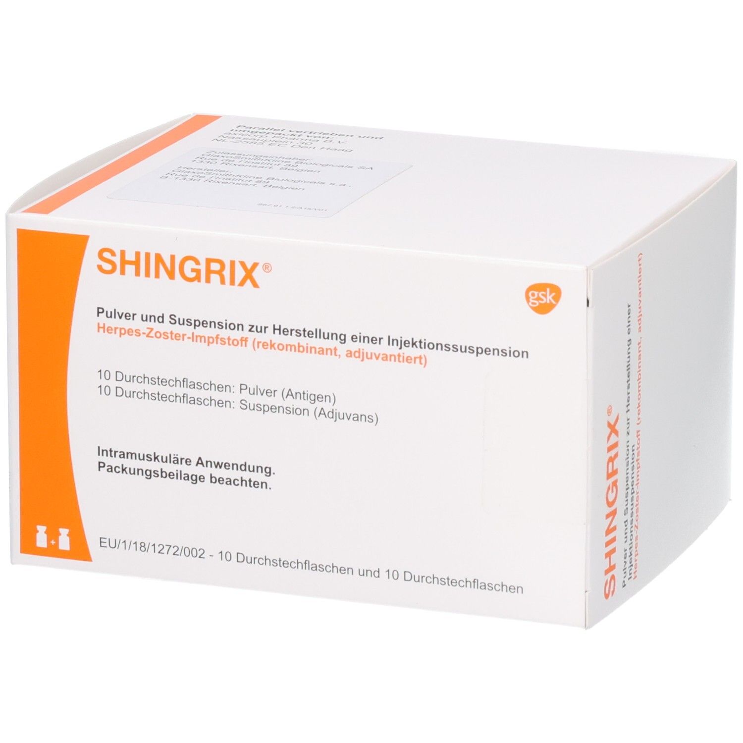 SHINGRIX Karton: Pulver und Suspension zur Herstellung einer Injektionssuspension. Enthält 10 Durchstechflaschen Pulver und 10 Suspension.