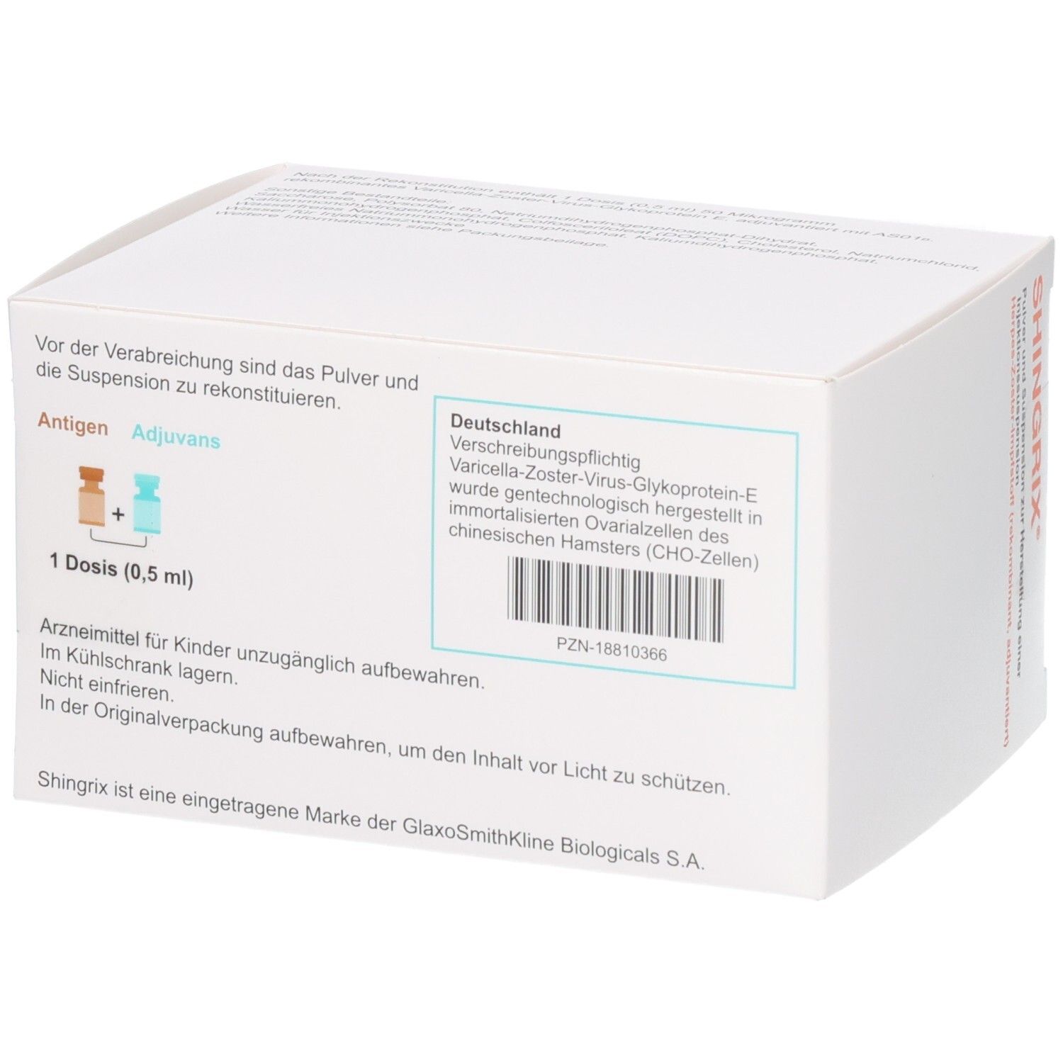 SHINGRIX Karton Seite: Enthält Antigen und Adjuvans. 1 Dosis (0,5 ml). Kühl lagern. Nicht einfrieren.