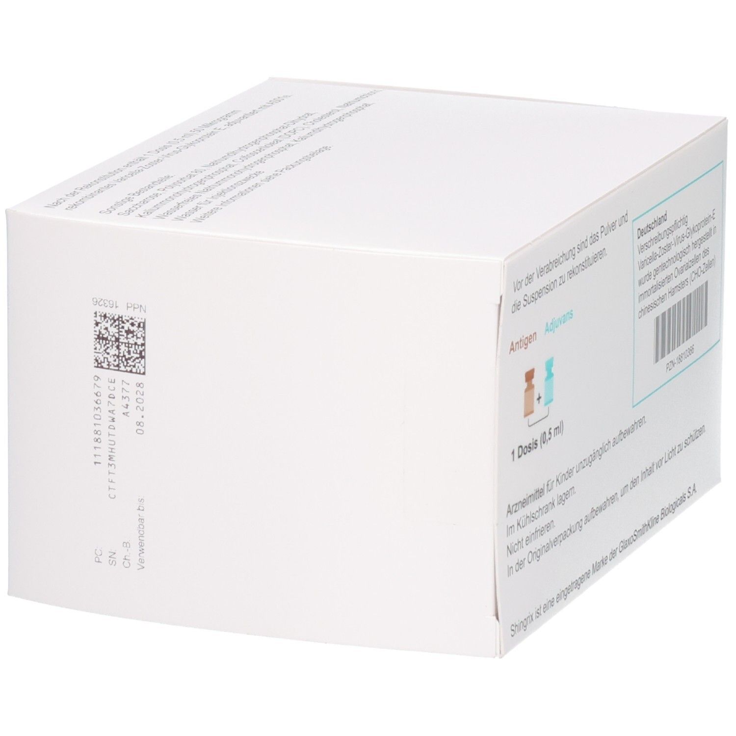 SHINGRIX Karton Seite mit Chargennummer und Verfallsdatum. Enthält 10 Durchstechflaschen Pulver und 10 Suspension.