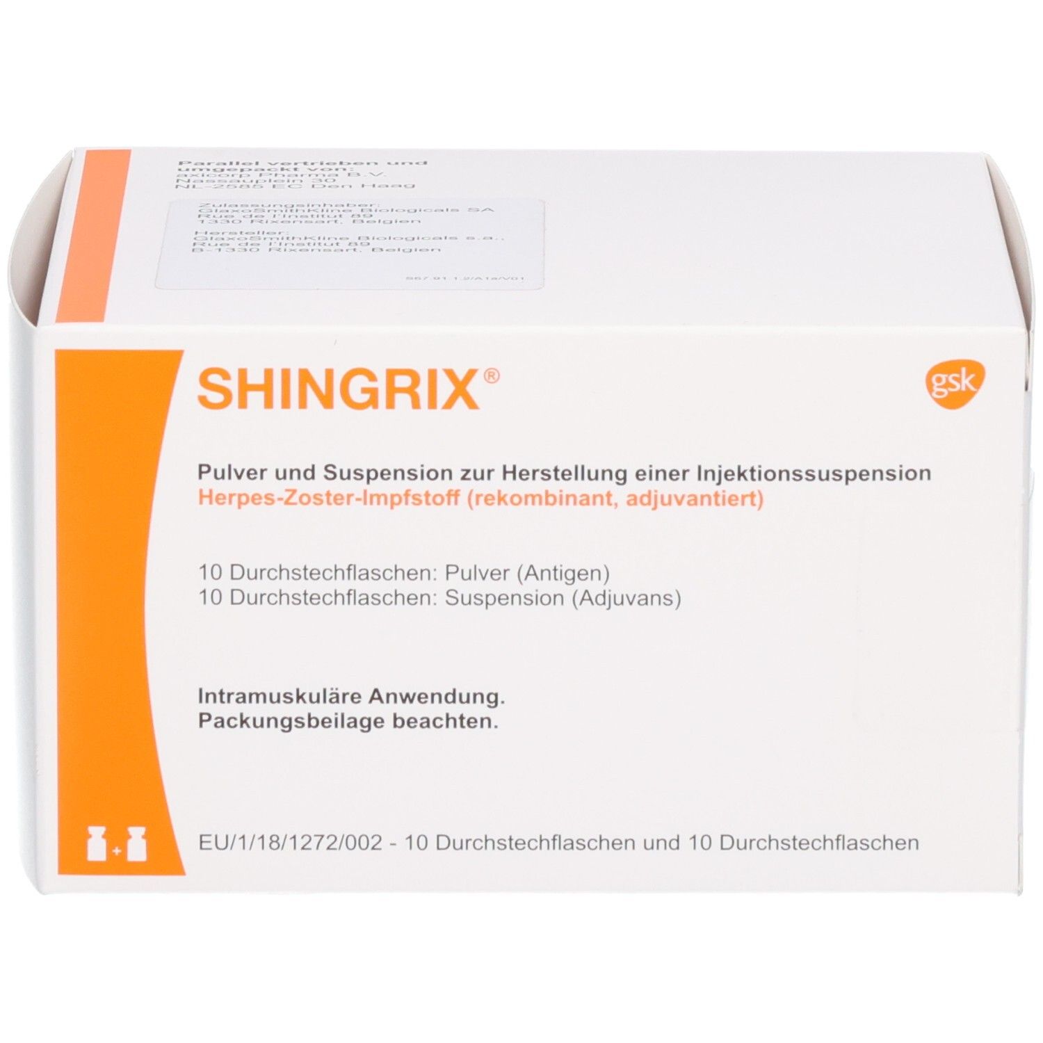 SHINGRIX Karton: Pulver und Suspension zur Herstellung einer Injektionssuspension. Enthält 10 Durchstechflaschen Pulver und 10 Suspension.
