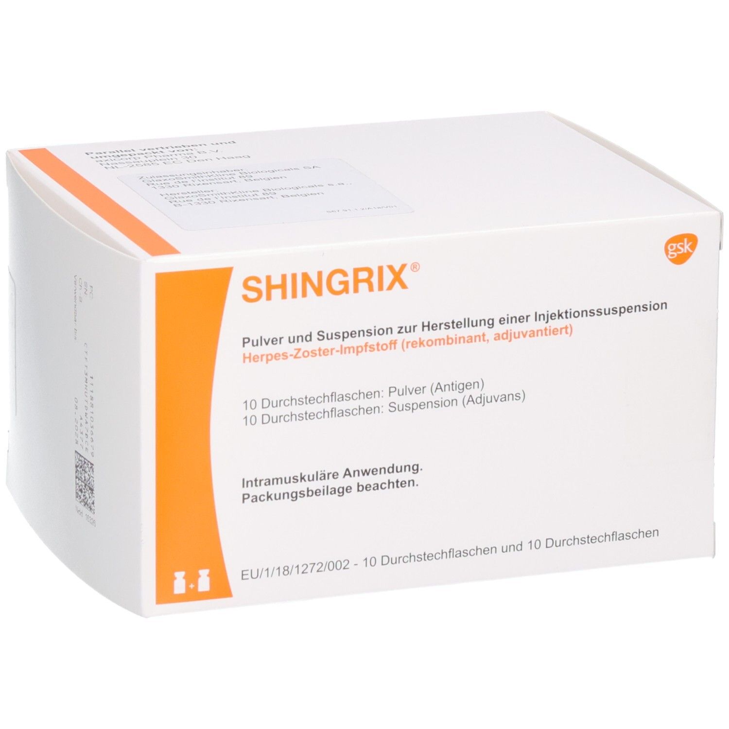 SHINGRIX Karton: Pulver und Suspension zur Herstellung einer Injektionssuspension. Enthält 10 Durchstechflaschen Pulver und 10 Suspension.