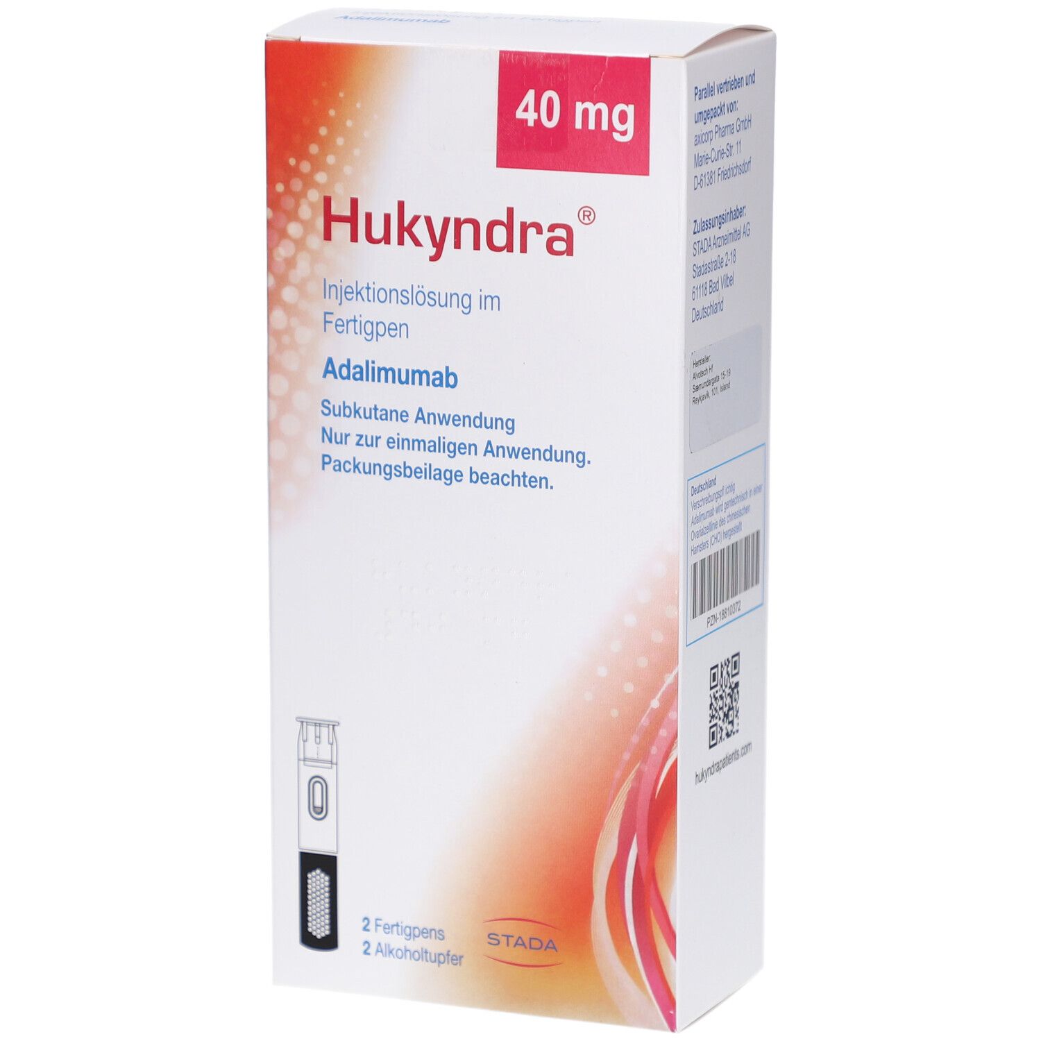 Hukyndra 40 mg Injektionslösung im Fertigpen. Weiße Verpackung mit rotem Akzent. Enthält 2 Fertigpens und 2 Alkoholtupfer.