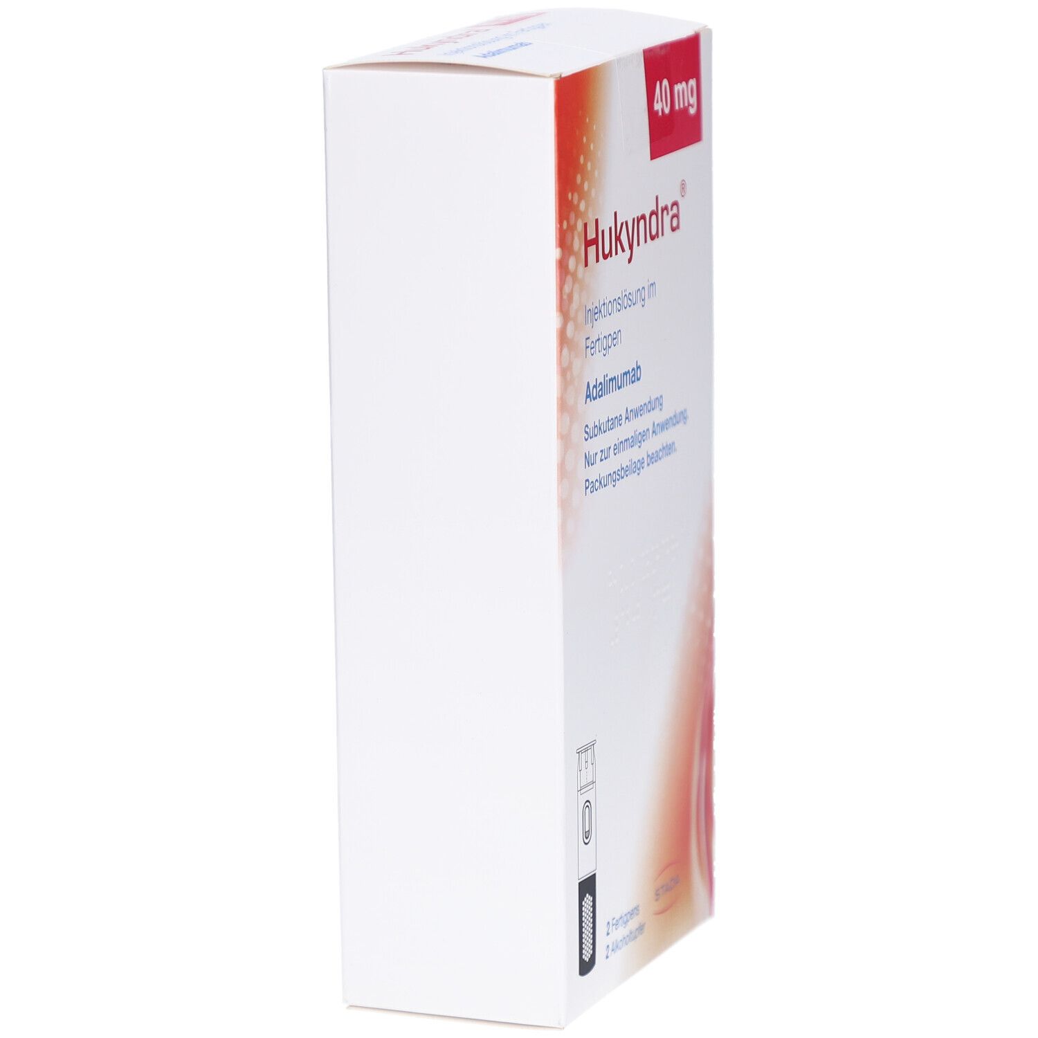Hukyndra Verpackung, Seitenansicht. Weiß mit rotem Akzent. Text: Hukyndra, Injektionslösung im Fertigpen, 40 mg.