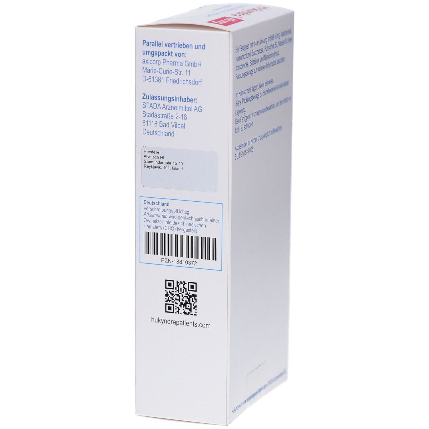 Rückseite der Hukyndra Verpackung. Enthält Informationen zum Vertrieb und Hersteller. QR-Code und PZN-Nummer.