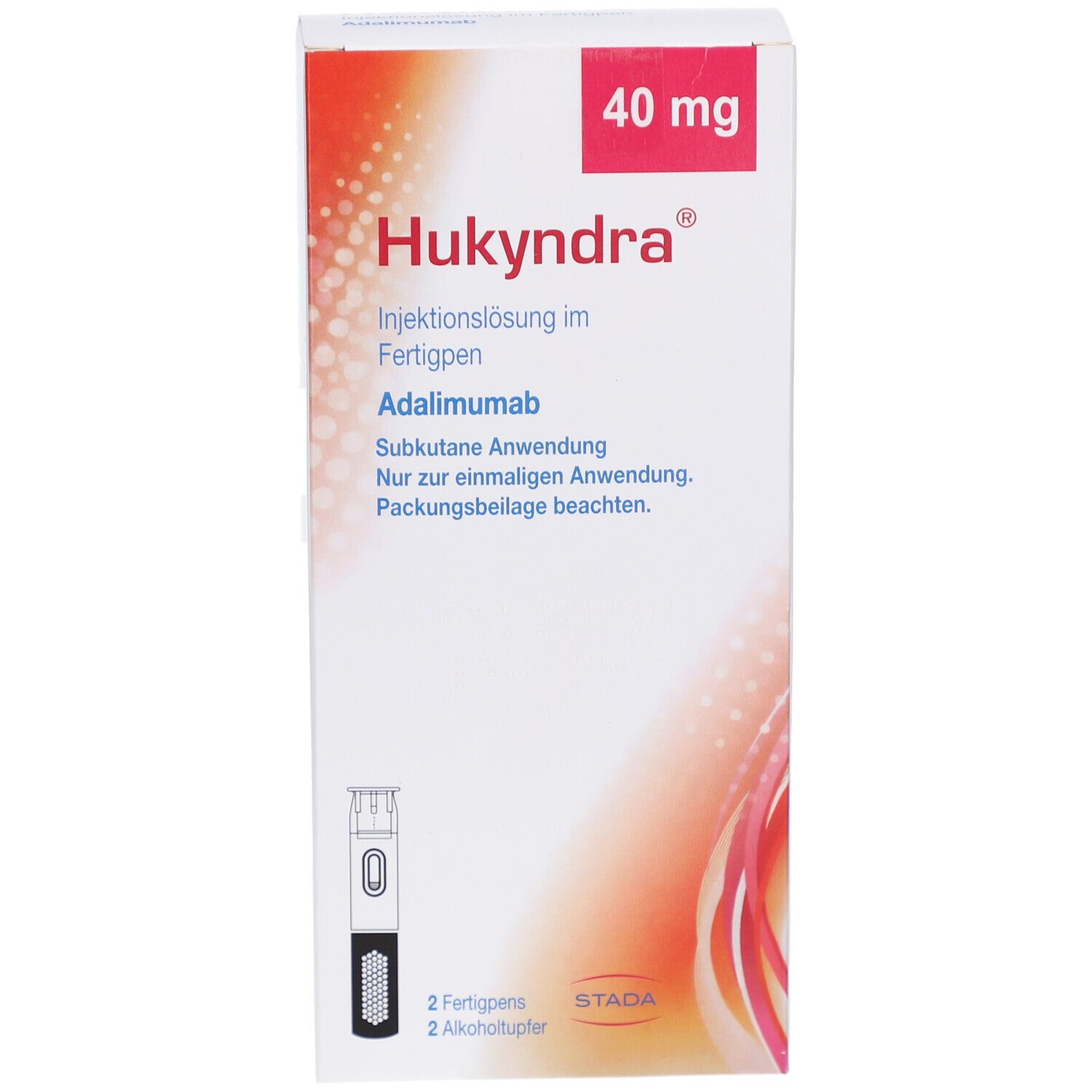 Hukyndra 40 mg Injektionslösung im Fertigpen. Weiße Verpackung. Enthält 2 Fertigpens und 2 Alkoholtupfer.