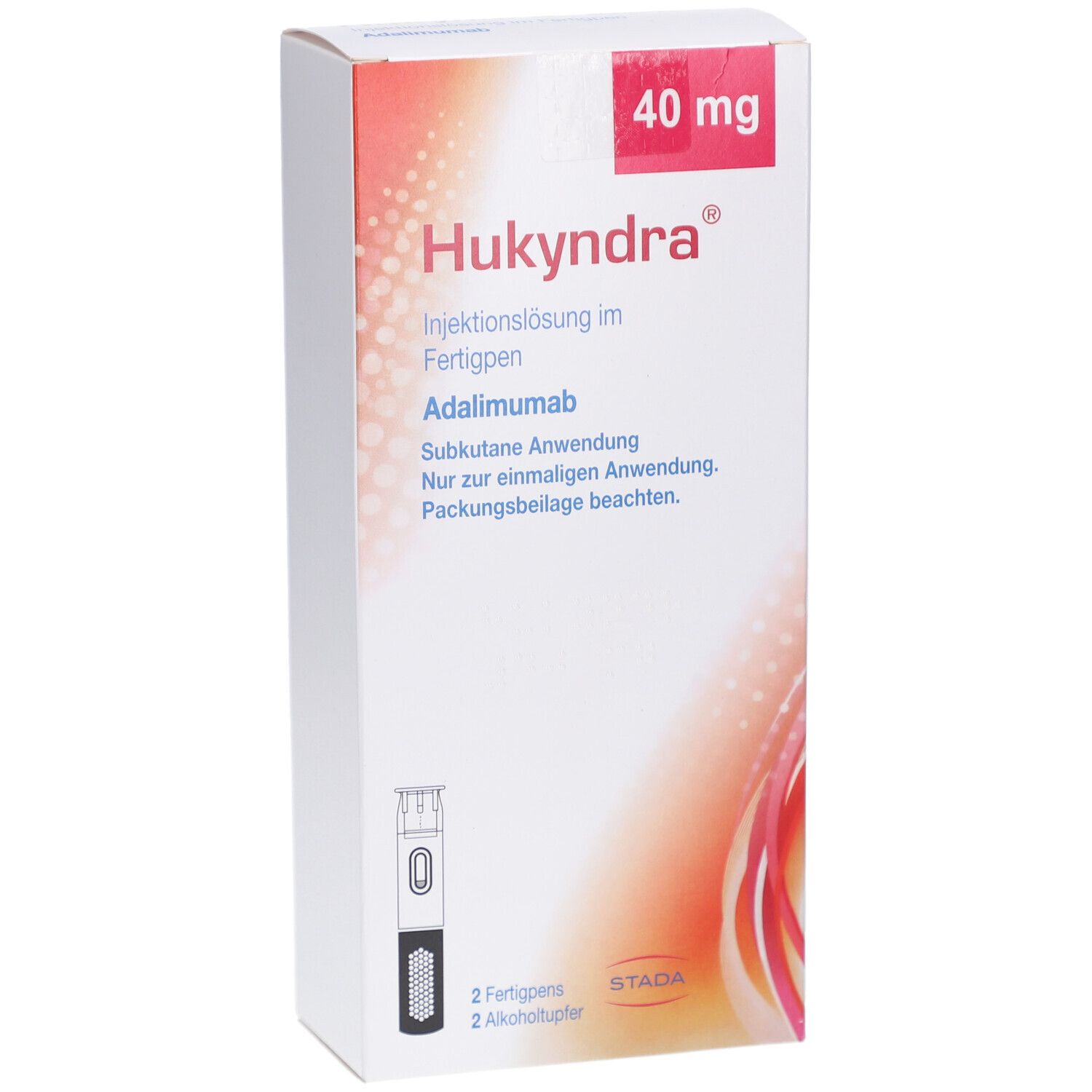 Hukyndra 40 mg Injektionslösung im Fertigpen. Weiße Verpackung mit rotem Akzent. Enthält 2 Fertigpens und 2 Alkoholtupfer.