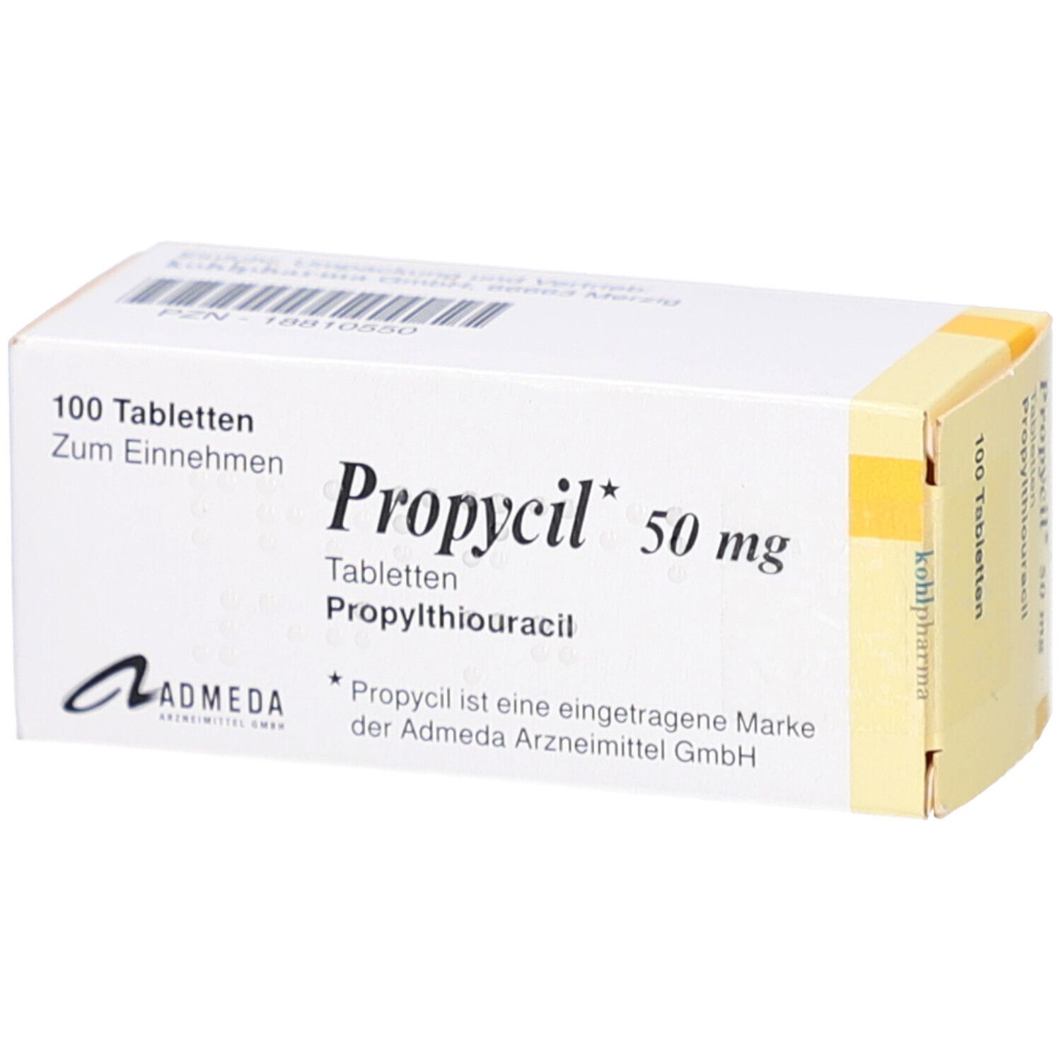 Weiße Tablettenbox mit Aufschrift Propylcil 50 mg. Enthält 100 Tabletten. Marke Admeda.