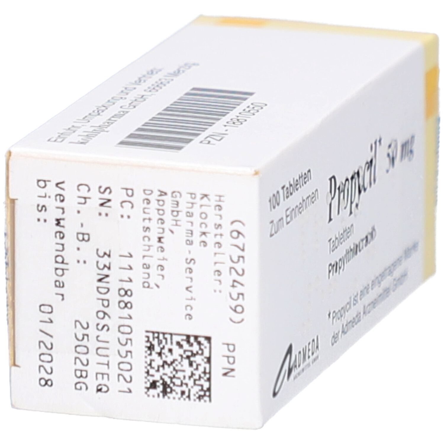 Tablettenbox mit Informationen. Hersteller: Klöcke Pharma-Service. Verfallsdatum: 01/2028. Enthält 100 Tabletten.