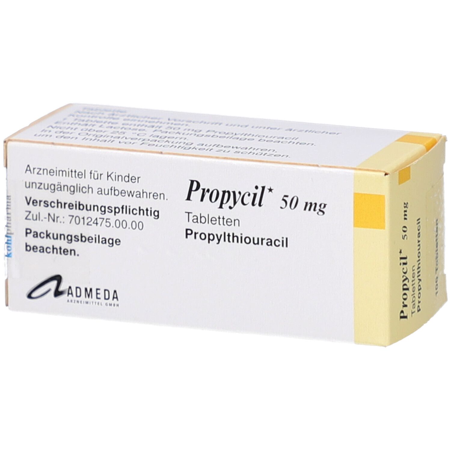 Weiße Tablettenbox mit Aufschrift Propylcil 50 mg. Enthält 100 Tabletten. Marke Admeda.