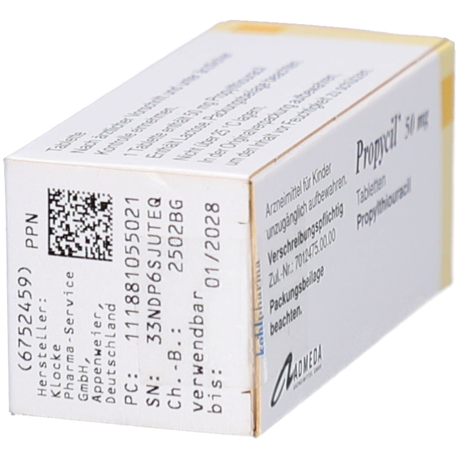 Tablettenbox mit Informationen. Hersteller: Klöcke Pharma-Service. Verfallsdatum: 01/2028. Enthält 100 Tabletten.