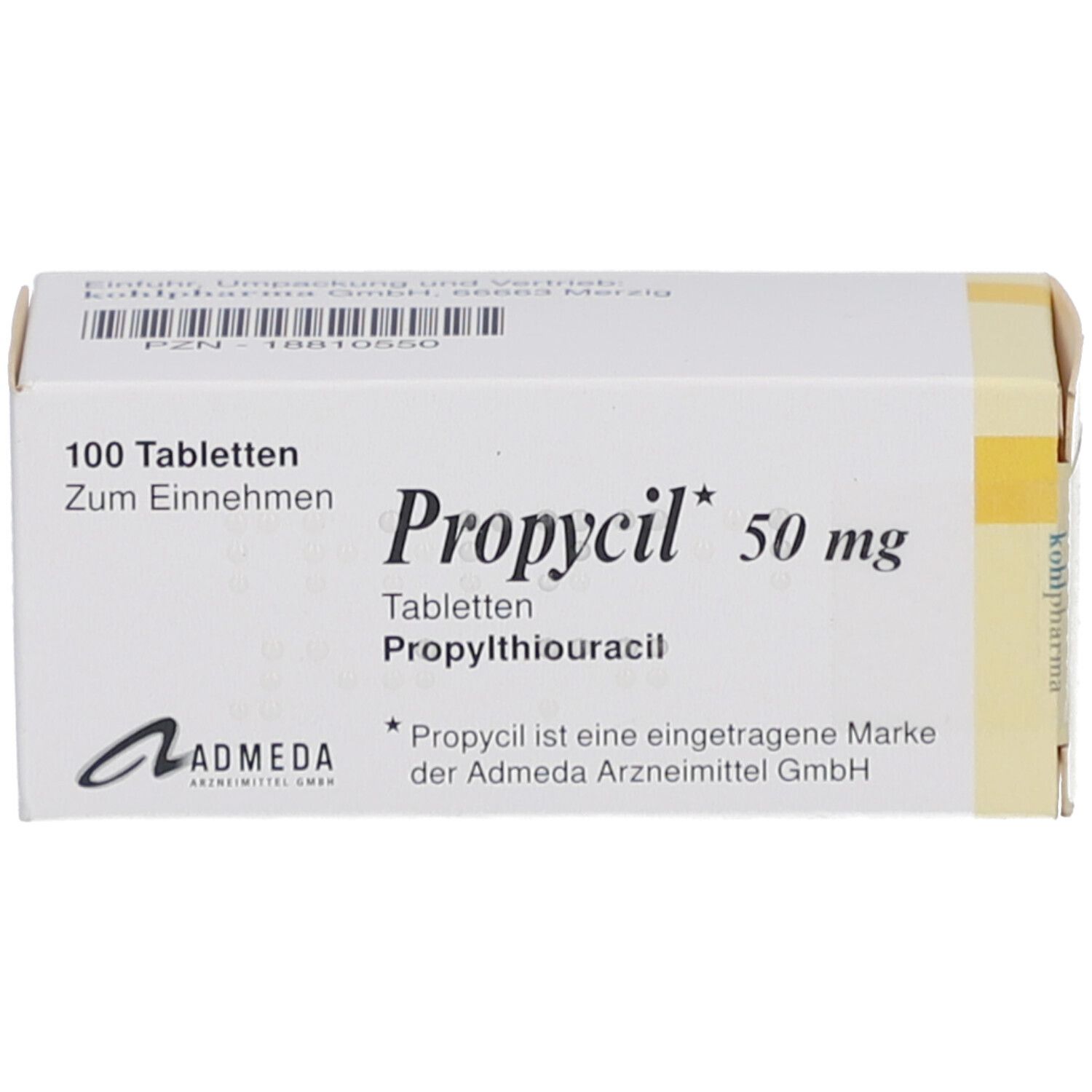 Weiße Tablettenbox mit Aufschrift Propylcil 50 mg. Enthält 100 Tabletten. Marke Admeda.