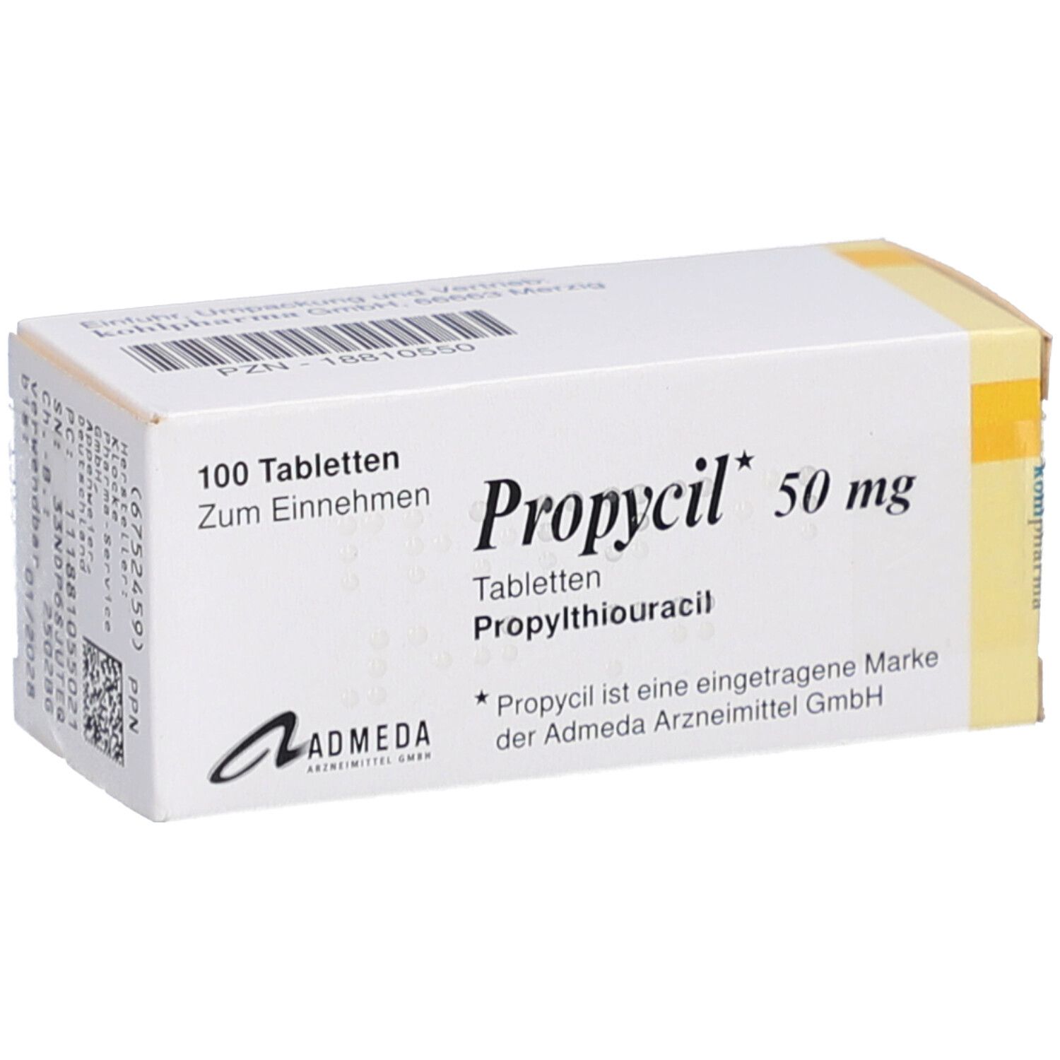 Weiße Tablettenbox mit Aufschrift Propylcil 50 mg. Enthält 100 Tabletten. Marke Admeda.