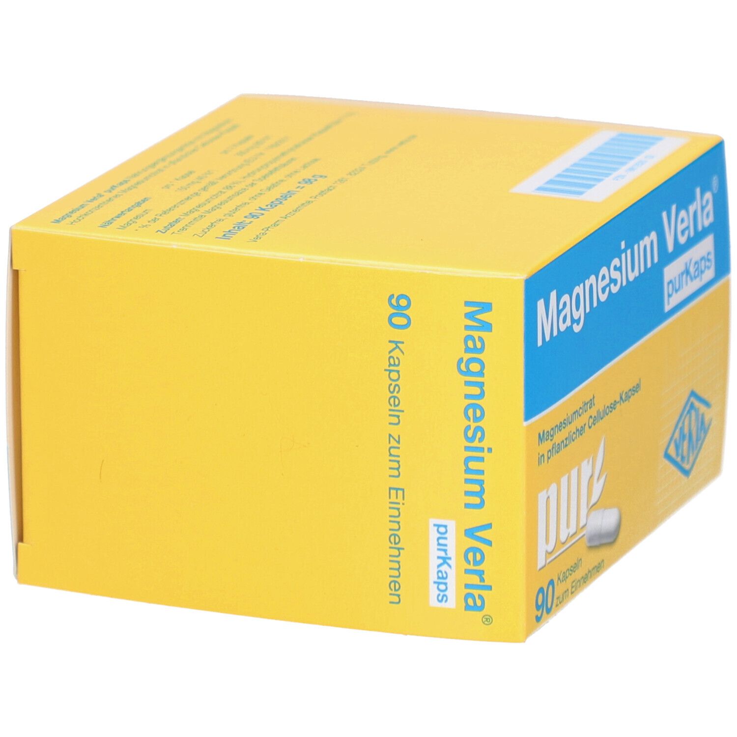 Gelbe Schachtel mit "Magnesium Verla purKaps"-Aufdruck. Enthält 90 Kapseln. Seitenansicht.