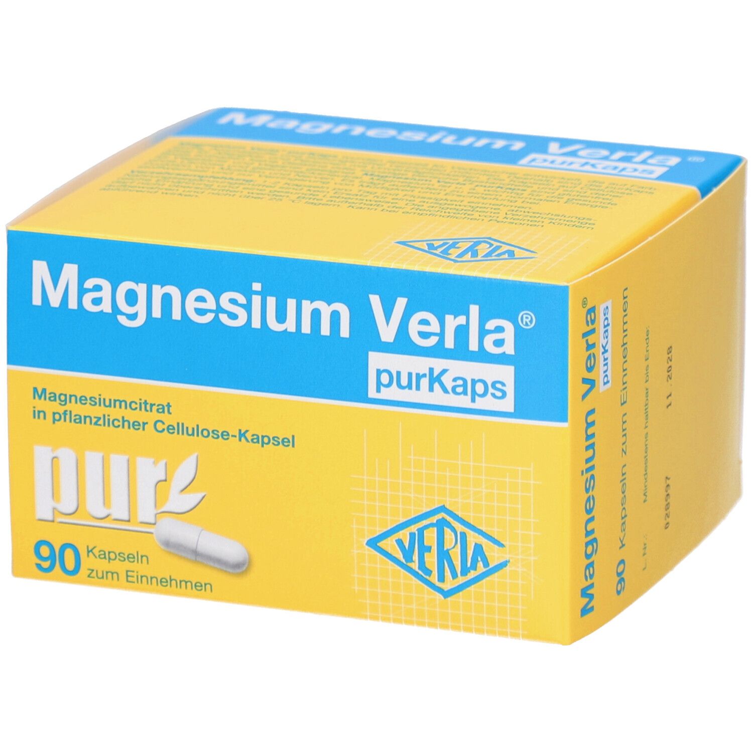 Gelbe Schachtel mit "Magnesium Verla purKaps"-Aufdruck. Enthält 90 Kapseln. Perspektivische Ansicht.