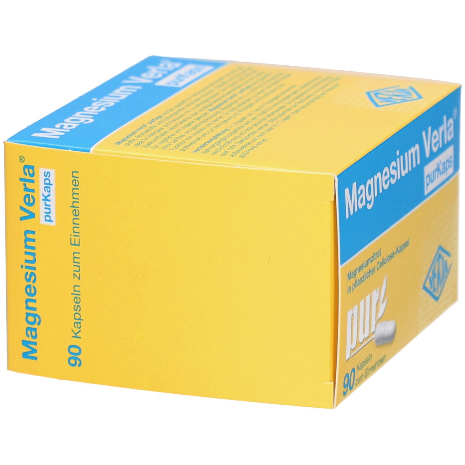 Gelbe Schachtel mit "Magnesium Verla purKaps"-Aufdruck. Enthält 90 Kapseln. Perspektivische Ansicht.