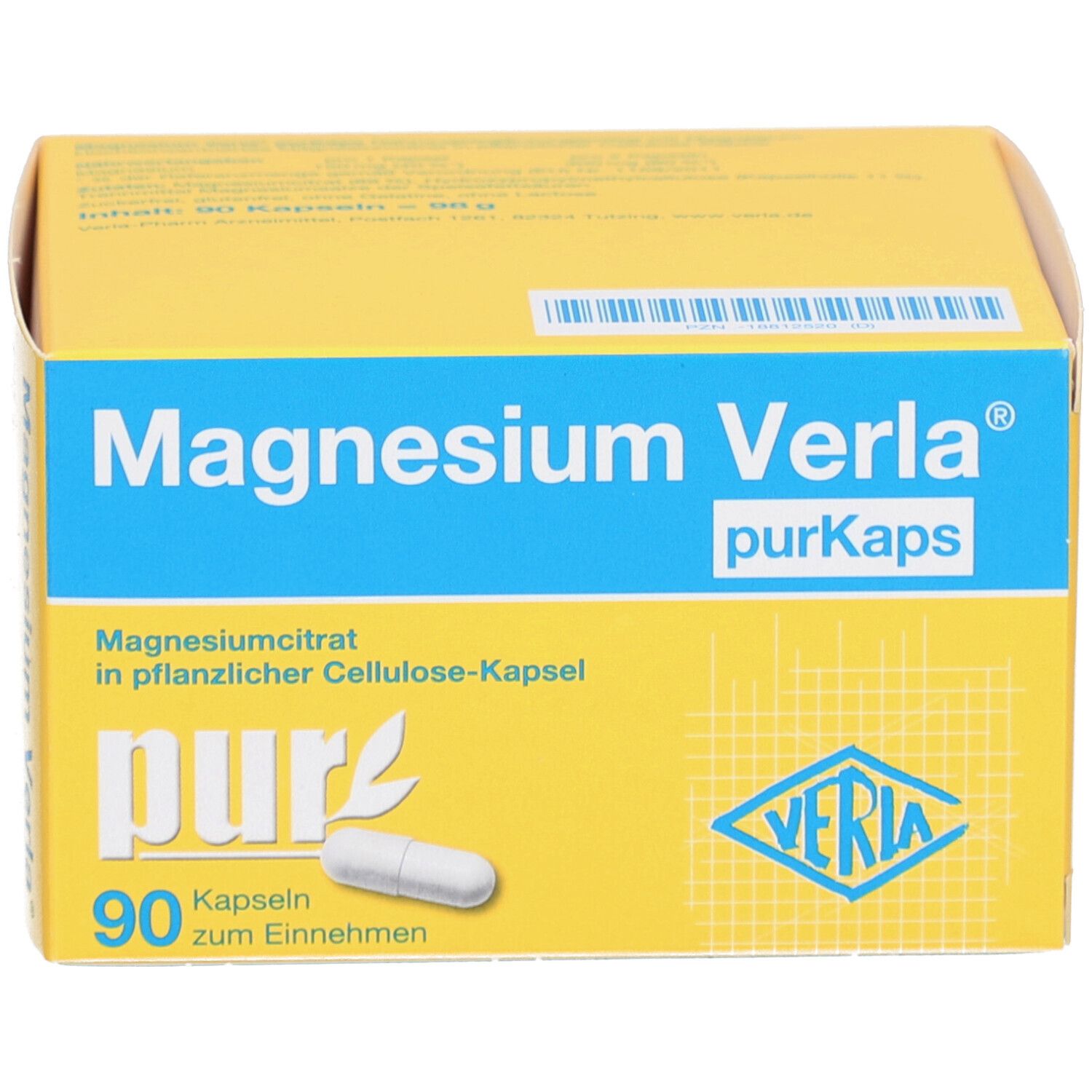 Gelbe Schachtel mit "Magnesium Verla purKaps"-Aufdruck. Enthält 90 Kapseln. Eine Kapsel liegt daneben.