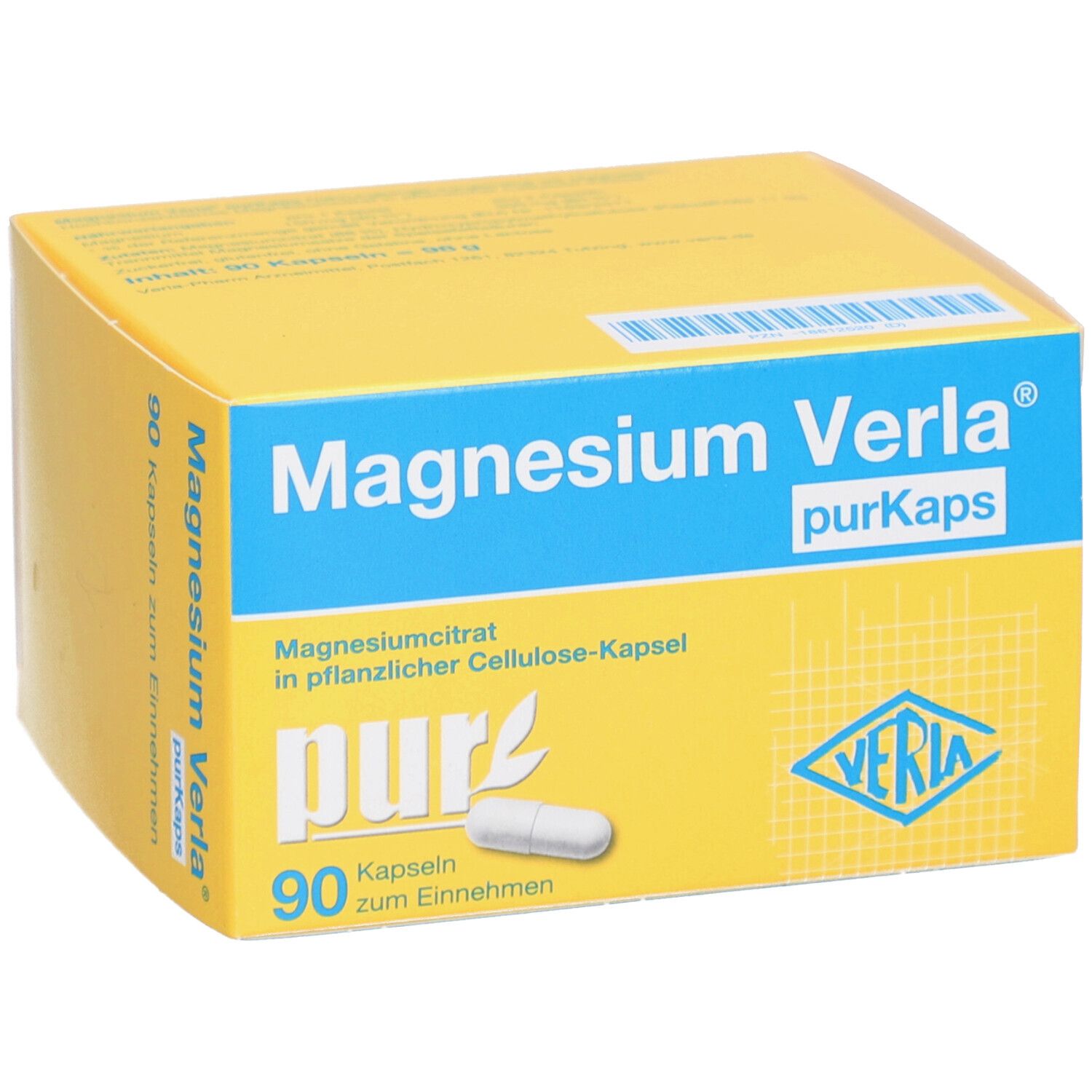 Gelbe Schachtel mit "Magnesium Verla purKaps"-Aufdruck. Enthält 90 Kapseln. Eine Kapsel liegt daneben.
