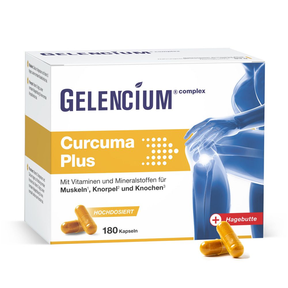 Weißer Karton mit GELENCIUM® Curcuma Plus. Gelbe Kapseln liegen daneben. Aufdruck: Curcuma Plus, 180 Kapseln.