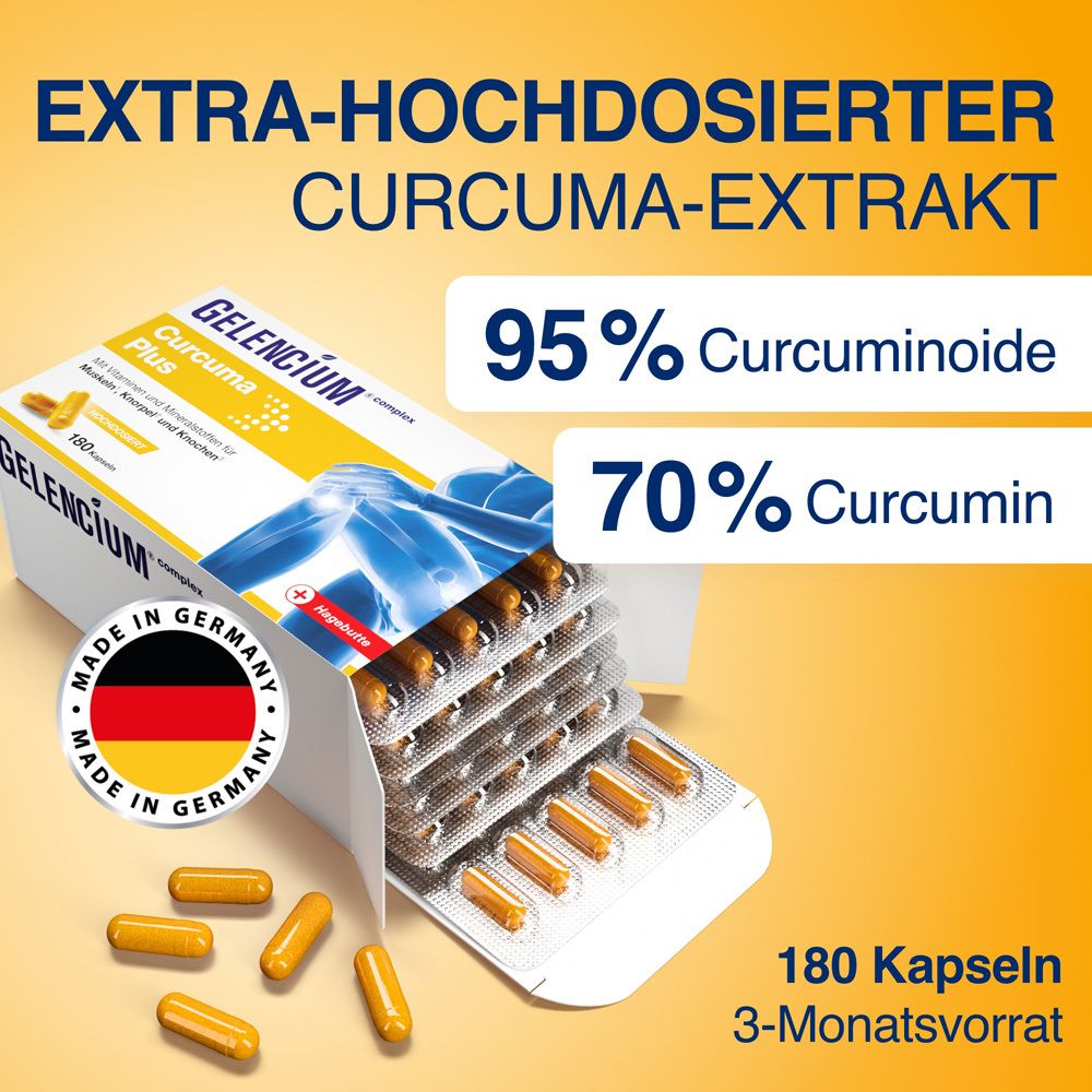 Geöffnete Packung GELENCIUM® Curcuma Plus. Gelbe Kapseln in Blistern. Text: Extra hochdosierter Curcuma-Extrakt, 95% Curcuminoide.