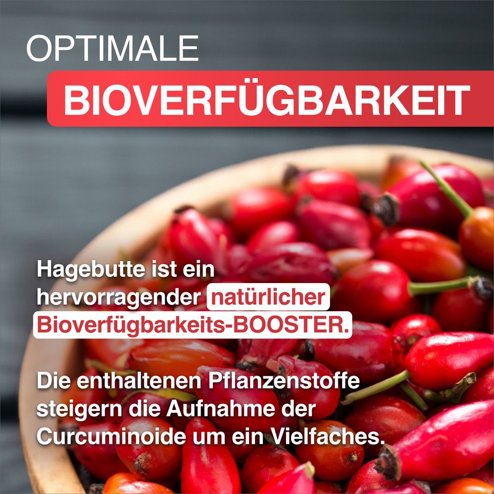 Nahaufnahme von Hagebutten in einer Schale. Text: Natürlicher Bioverfügbarkeits-Booster.