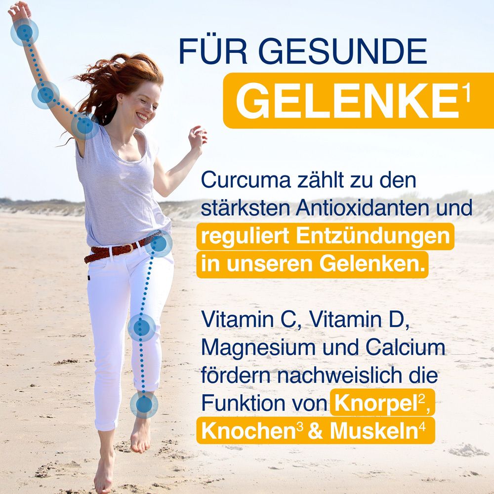 Frau am Strand. Text: Für gesunde Gelenke. Vitamin C, D, Magnesium und Calcium fördern Knorpel, Knochen & Muskeln.