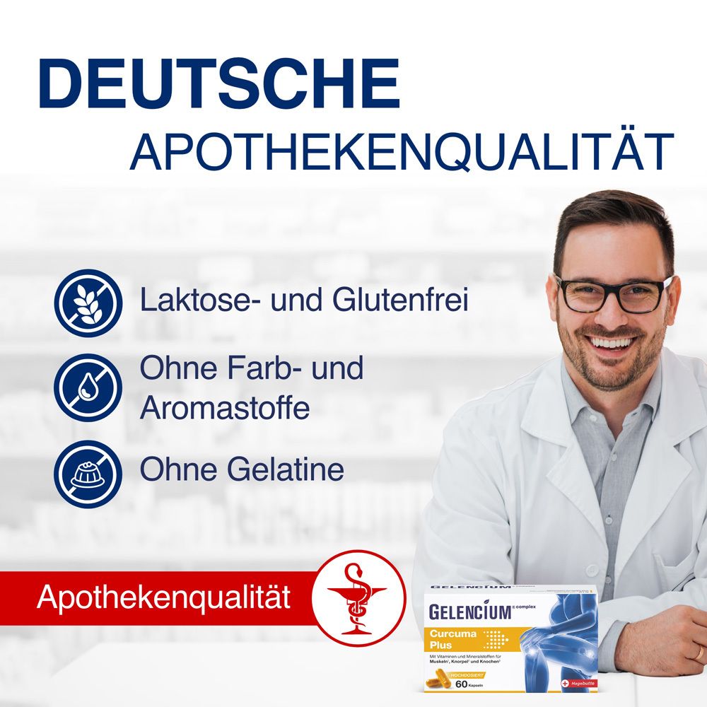 Arzt lächelt. Text: Deutsche Apothekenqualität. Ohne Laktose, Gluten, Farb- und Aromastoffe, Gelatine.
