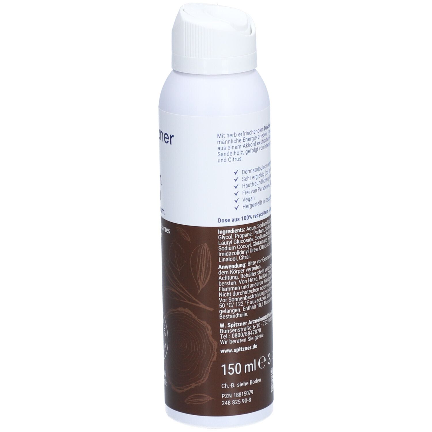 Spitzner Traum Mann Duschschaum, Rückseite mit Inhaltsstoffen und Anwendungshinweisen.