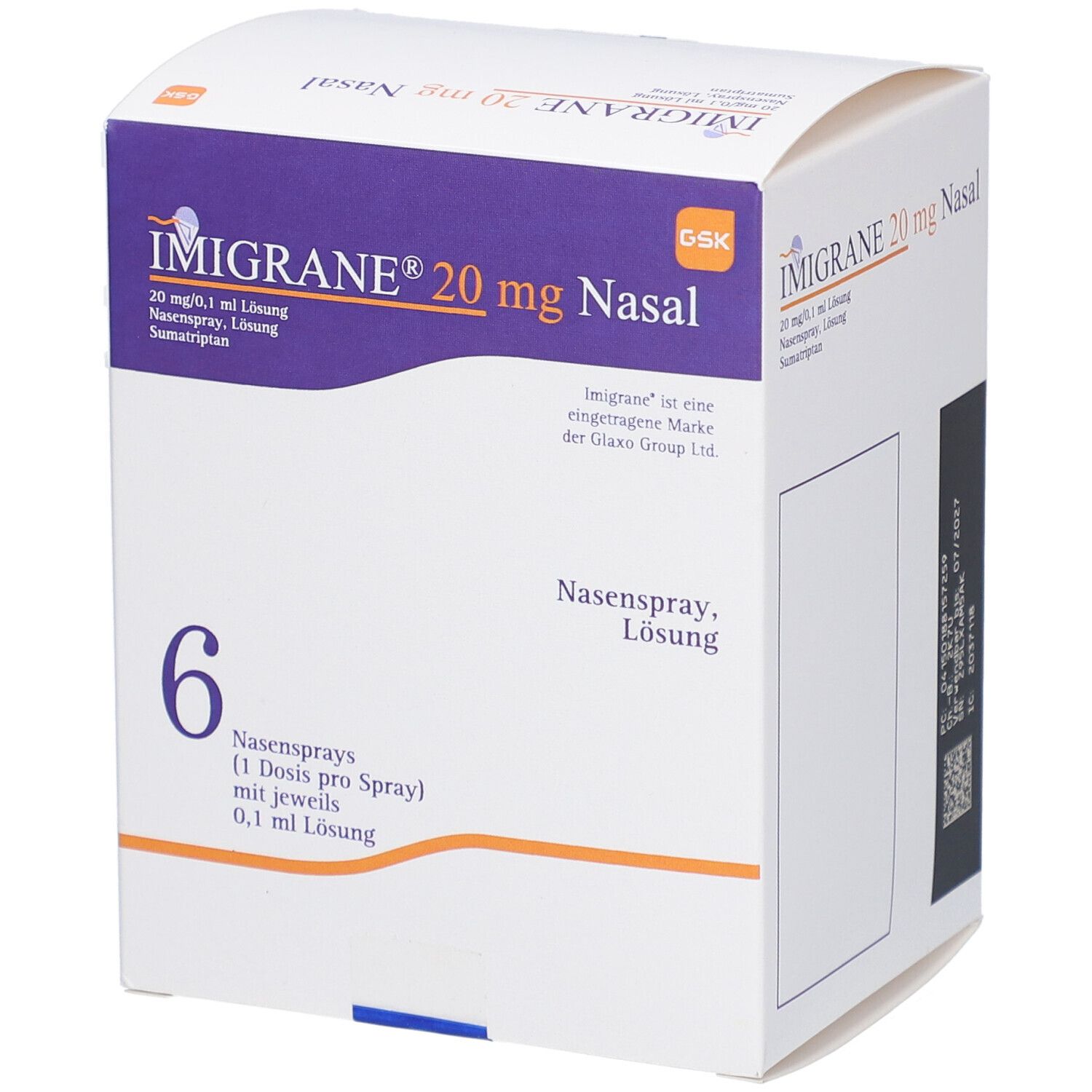 Schachtel mit IMIGRANE 20 mg Nasal. 6 Nasensprays. Aufschrift: 20 mg/0,1 ml Lösung, Nasenspray, Sumatriptan.
