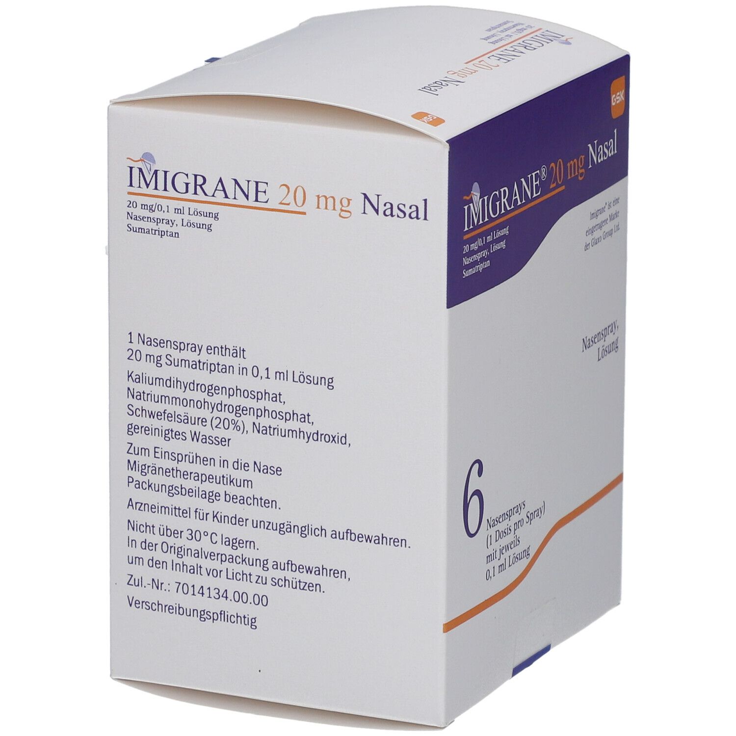 Schachtel mit IMIGRANE 20 mg Nasal. Aufschrift: 20 mg/0,1 ml Lösung, Nasenspray, Sumatriptan. Enthält 6 Nasensprays.