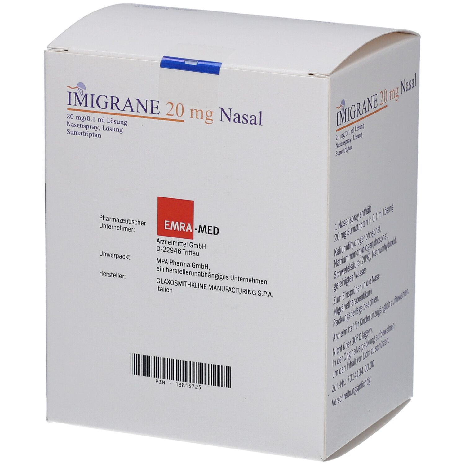 Schachtel mit IMIGRANE 20 mg Nasal. Aufschrift: 20 mg/0,1 ml Lösung, Nasenspray, Sumatriptan. Hersteller: EMRA-MED.