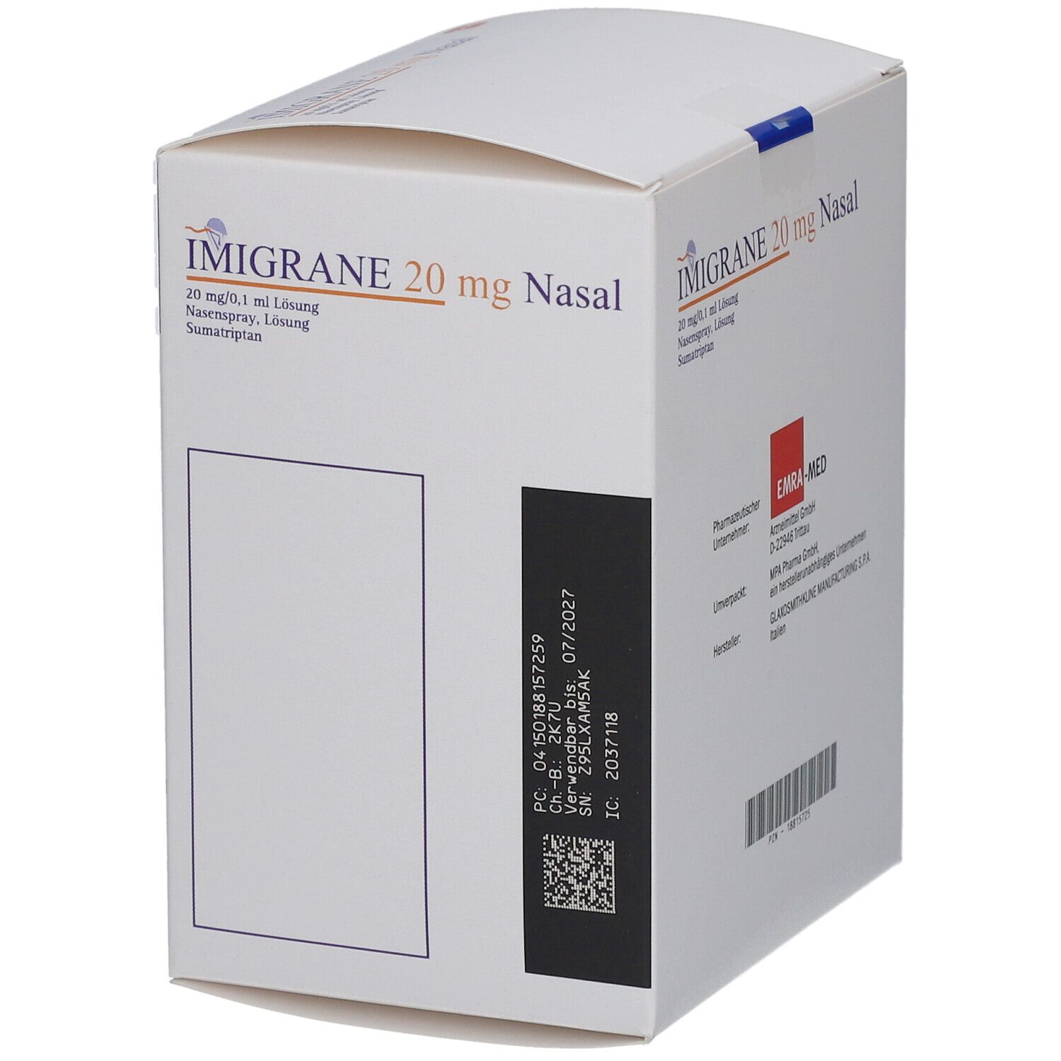 Schachtel mit IMIGRANE 20 mg Nasal. Aufschrift: 20 mg/0,1 ml Lösung, Nasenspray, Sumatriptan. Mit QR-Code und Chargennummer.