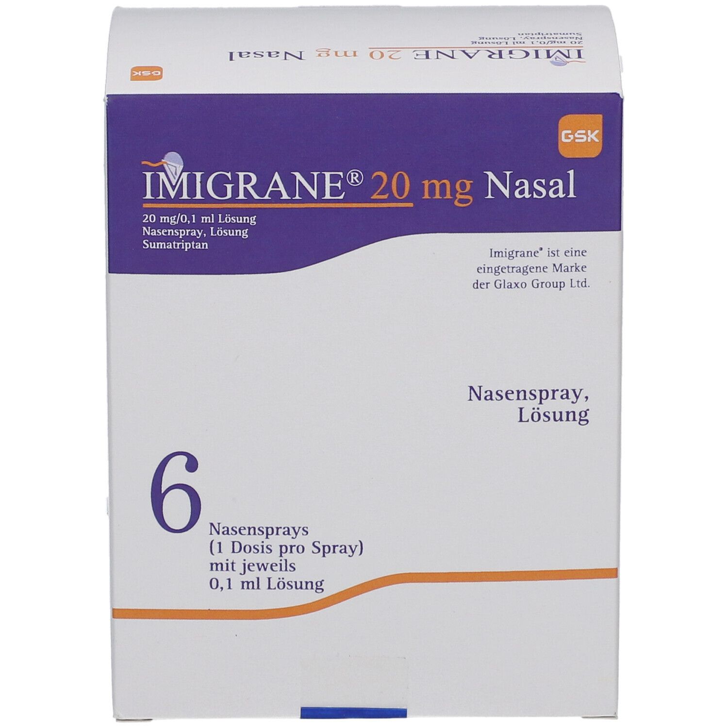 Schachtel mit IMIGRANE 20 mg Nasal. 6 Nasensprays. Aufschrift: 20 mg/0,1 ml Lösung, Nasenspray, Sumatriptan.