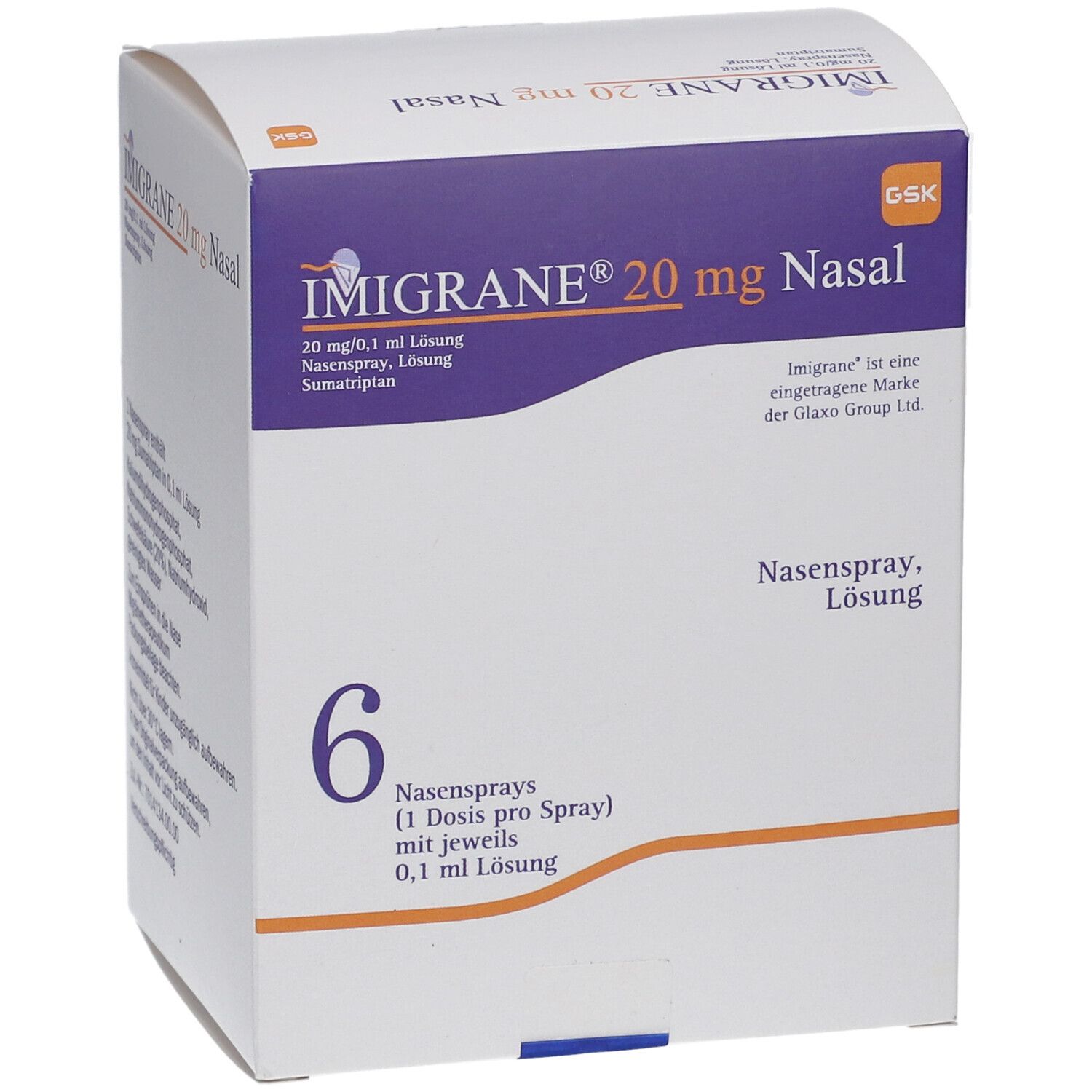 Schachtel mit IMIGRANE 20 mg Nasal. 6 Nasensprays. Aufschrift: 20 mg/0,1 ml Lösung, Nasenspray, Sumatriptan.